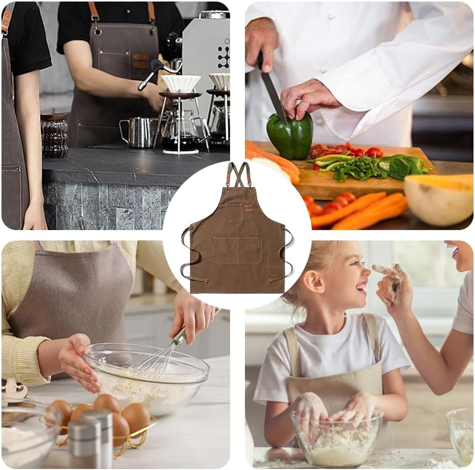 Kitchen Thicken Canvas Apron with Adjustable Straps and Large Pockets, Cooking Baking Bib Apron, Apron Suitable for Painting Pottery Ceramics (Coffee, 72 CM) image number 3