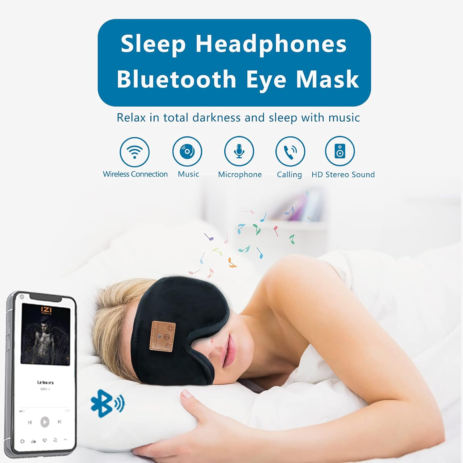 ZRUHIG Bluetooth Sleep Mask, Sleep Mask with Bluetooth Headphones, Eye Mask with Sleeping Headphones for Side Sleeper, Nap, ASMR, Air Travel, Meditation, Relaxation, Black