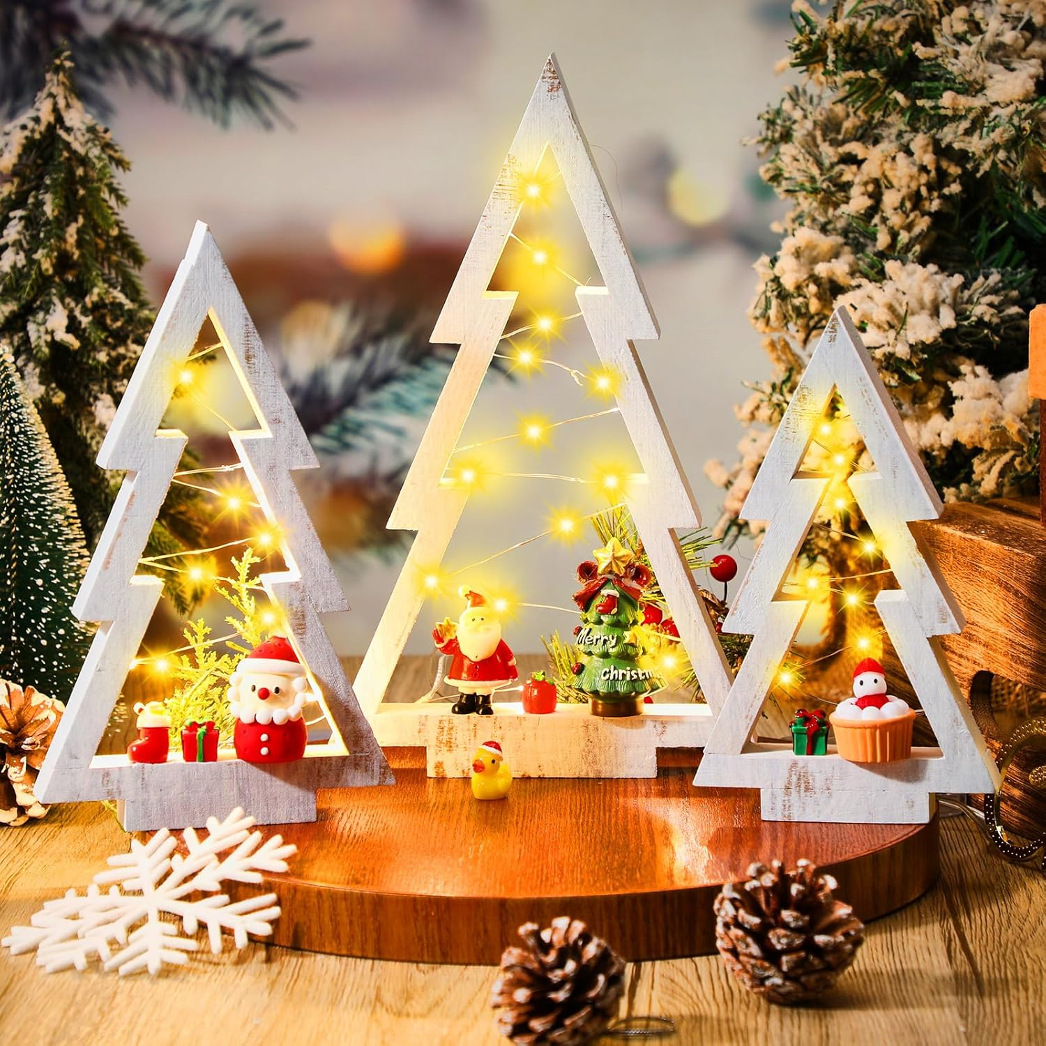 3 Pcs LED Wooden Christmas Tree Tabletop Decoration Rustic Xmas Tree Table Centerpieces with Light Farmhouse Standing Christmas Tree Christmas Tiered Tray Decor for Fireplace Home Party image number 2
