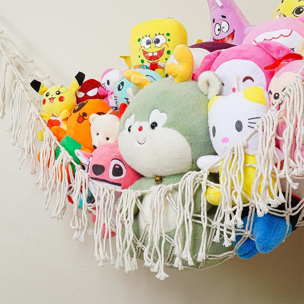 Idopick 2 Pack Stuffed Animal Hammock Net,Toy Storage Hammock for Stuff Animals, Stuffed Animal Organizer Holder with Tassel-Corner Hanging Net for for Nursery Kids Girls Room Decor