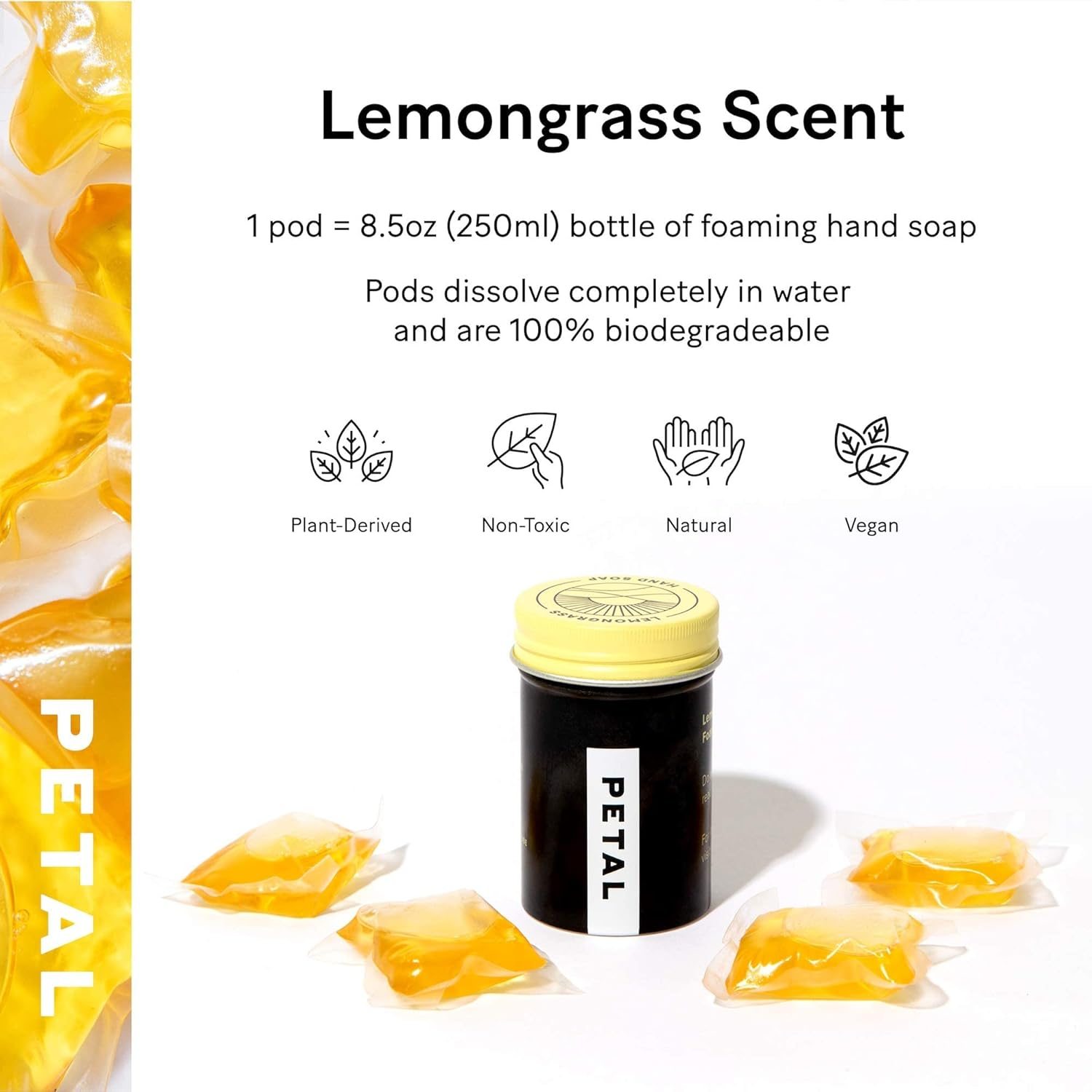 Petal Foaming Hand Soap Starter Kit - Reusable Foaming Soap Dispenser (Black - 8.5Oz) + Foaming Hand Soap Refill Pods (4Ct) - Zero Waste, All Skin Types (Lemongrass)