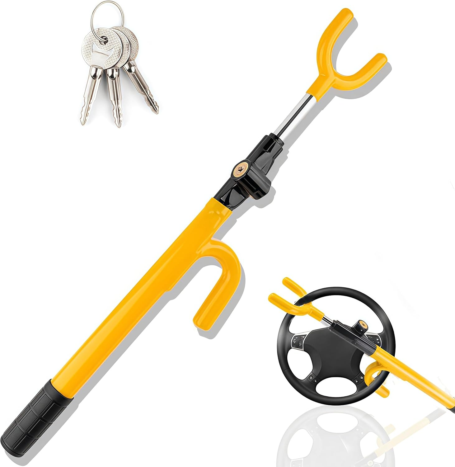 Heavy Duty Steering Wheel Lock, anti Theft Adjustable Length Car Security Lock with Key, U-Shaped Hooks Heavy Duty anti Theft Car Lock for Car Truck SUV Pickup (Yellow) image number 5