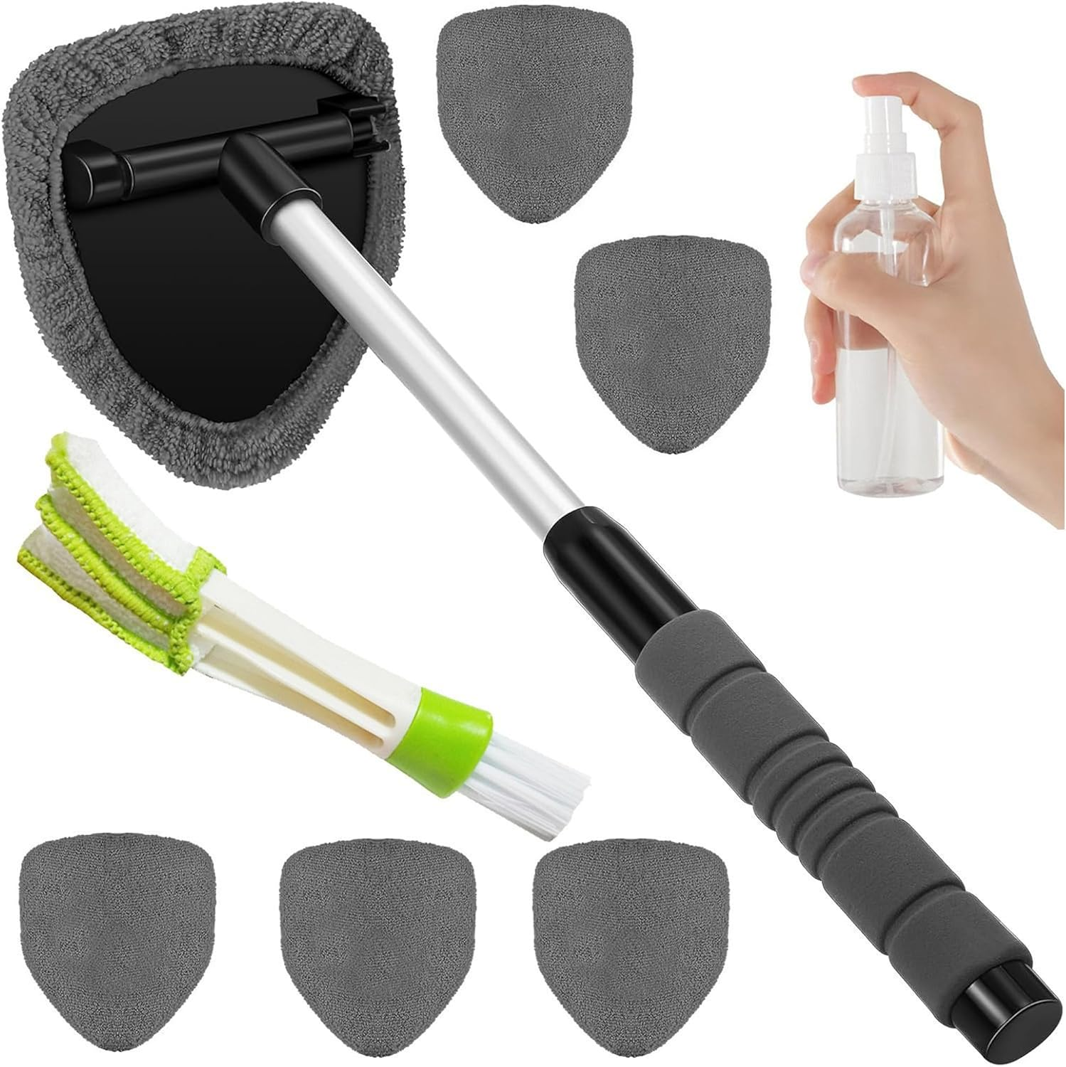 Tourgoing Windshield Cleaning Tool, Extendable Windshield Cleaner with 6 Washable Pads & 1 Spray Bottle, Interior & Exterior Windshield Wiper Tool for Car, SUV, Truck, RV (Green)