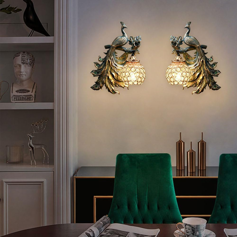 Peacock Wall Sconce Resin Wall Mount Light Crystal Globe Wall Lamp Fixture, Vintage Peacock Sconces Wall Lighting Fixture European Style Wall Lamps for Farmhouse Restaurant XXZ image number 2