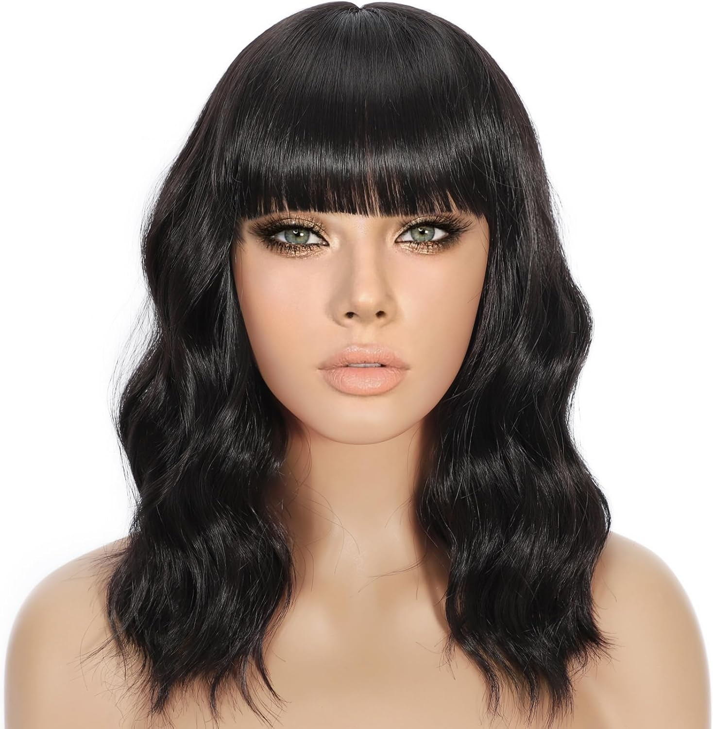 Wavy Wig with Bangs Short Curly Bob Wig for Women Highlight Style Synthetic Heat Resistant Bob Wigs for Daily Party Use (Ombre Dark Brown-Blonde, 14 Inch Bob)
