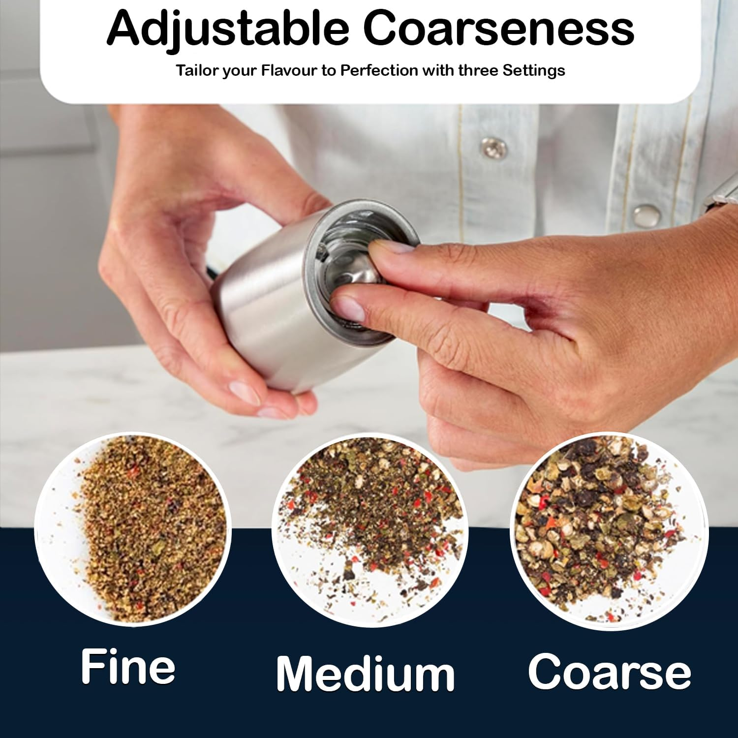 Chef Power High-Quality Gravity Electric Salt and Pepper Grinder with Cleaning Brush - Battery-Operated, Stainless-Steel Pepper Mill - LED Light, Automatic Salt and Pepper Grinder &ndash; 2 Set (Silver) image number 6