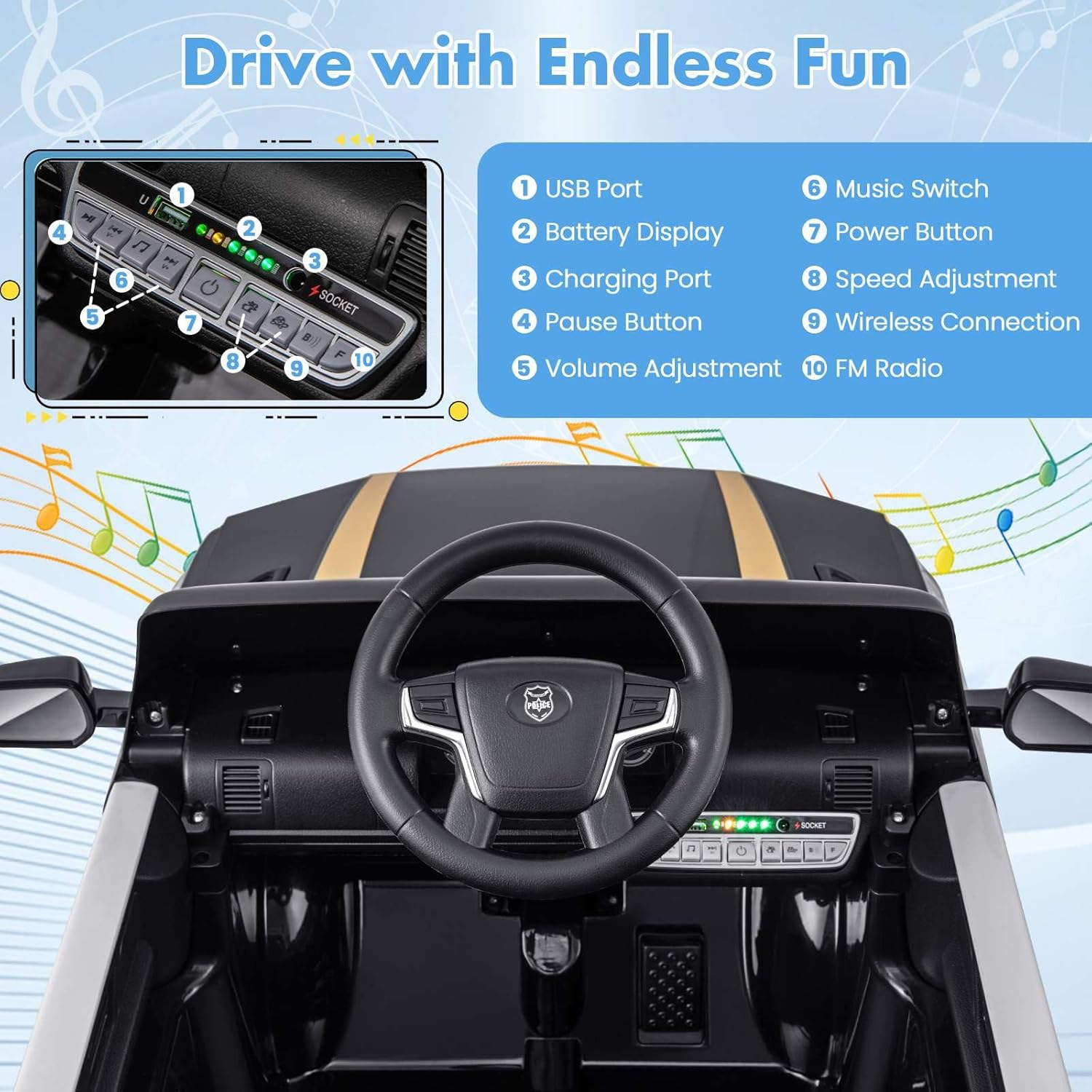 HONEY JOY Kids Ride on Police Car, 12V Electric Battery Powered Cop Car W/Remote Control, Wireless Connection, Music, Horn, Siren & LED Flashing Lights, Vehicle Ride on Toy, Black image number 2