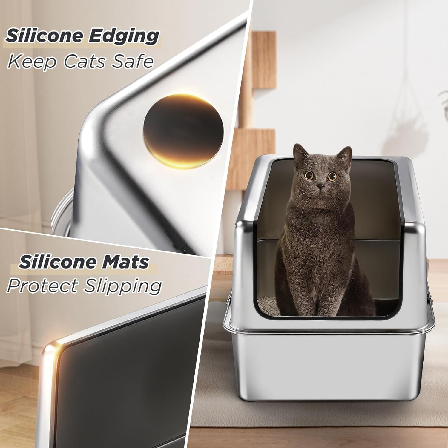 Stainless Steel Litter Box with Lid, Extra Large Cat Litter Box, 60 X 30 X 40 CM Stainless Steel Cat Litter Box, Stainless Steel Cat Litter Tray Easy Cleaning Include Litter Mat with Scoop image number 5