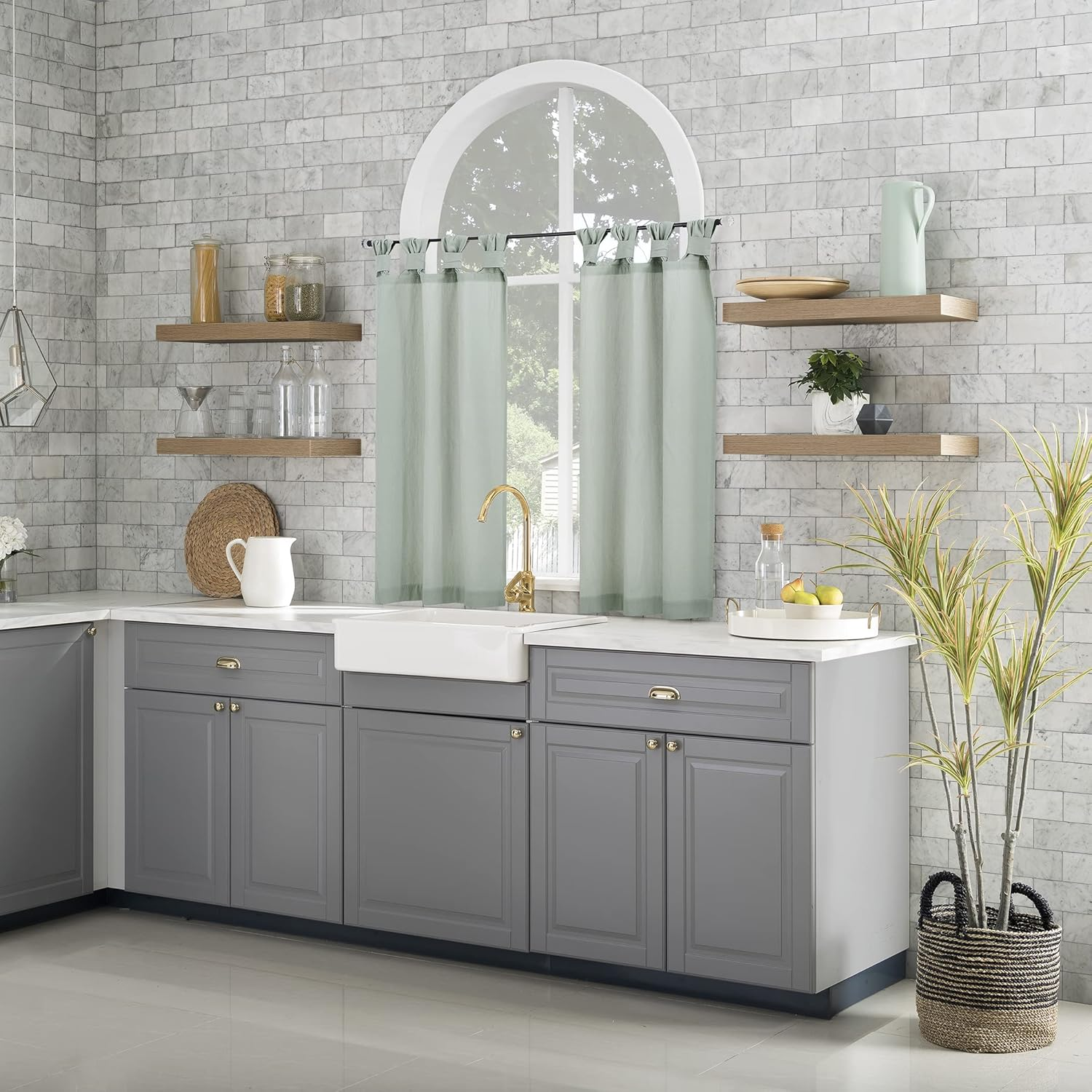 Archaeo Washed Cotton Small Window Twist Tab Cafe Curtains, 52" X 45", Seafoam Green