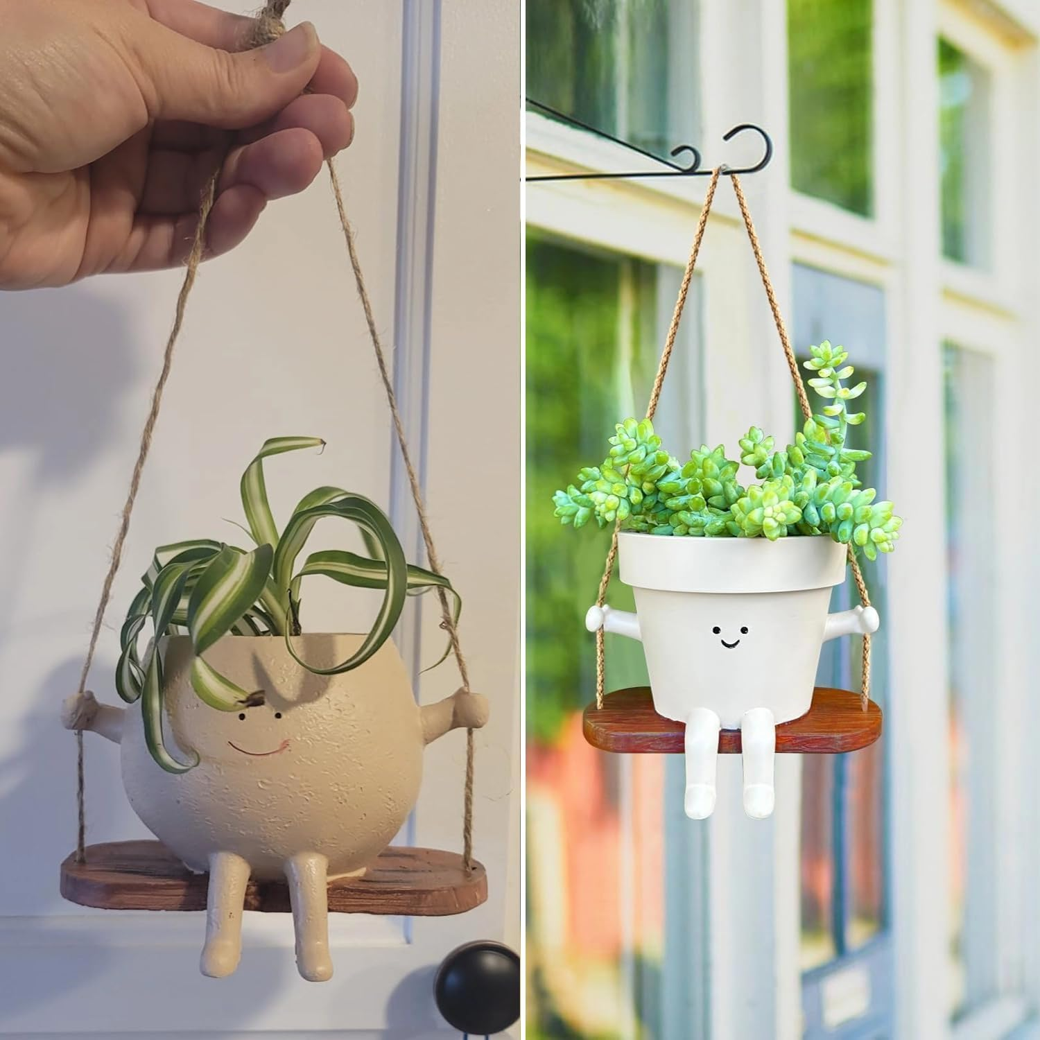 Hanging Planter for Succulent Pots,Resin Swing Face Plant Pot Indoor Outdoor Flower Pot Plant Holder (A) image number 1