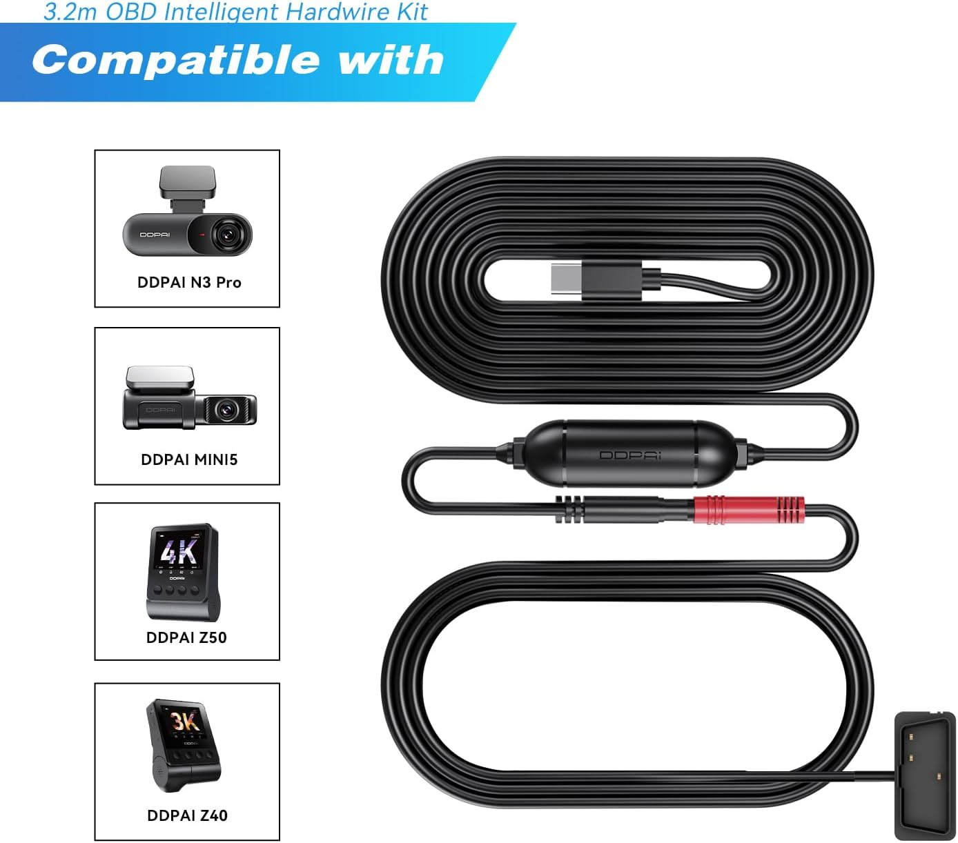 DDPAI Dash Cam Smart OBD Hardware Kit Compatible with Models N1 Dual, N3 Pro, N5 Dual and MINI5, Enable 24 Hours Parking Monitor, 12V/2A to 5V/2A, 3 Meters Long image number 1