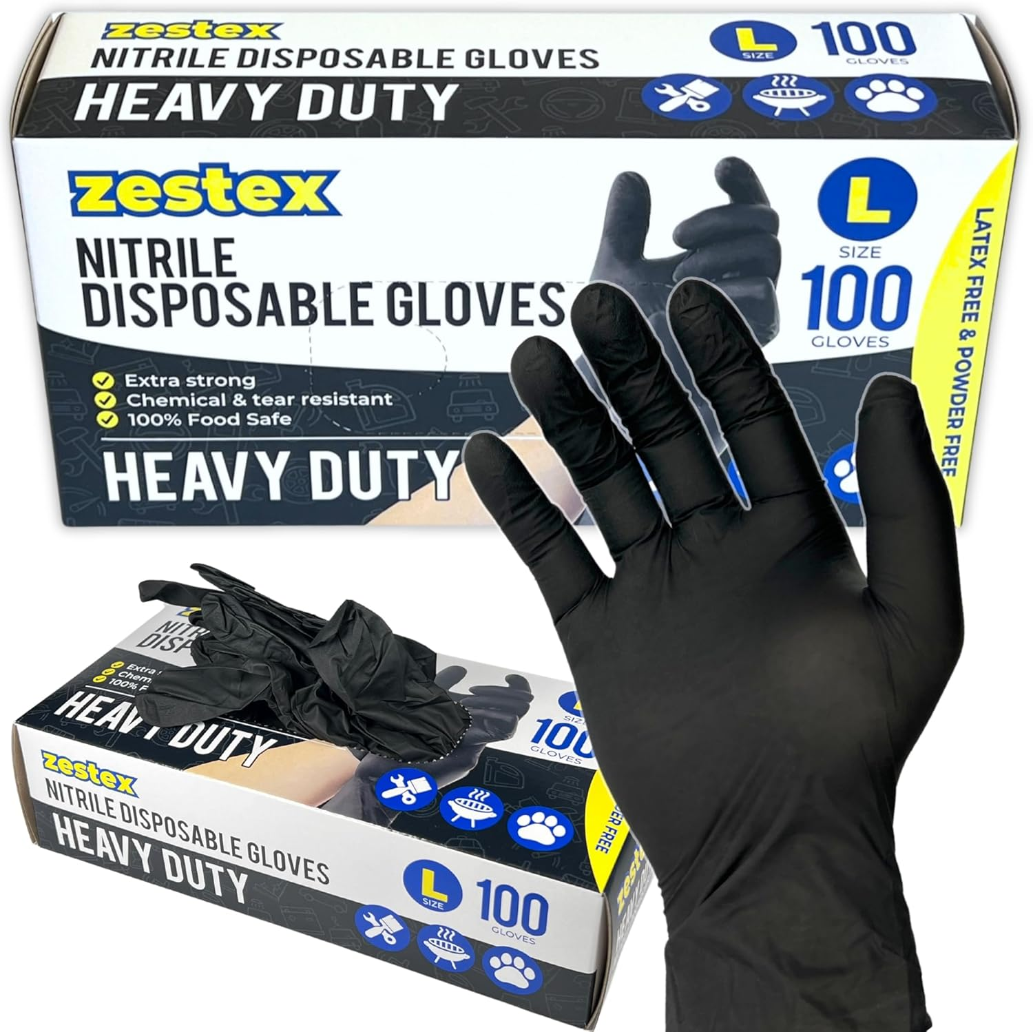 Zestex Nitrile Heavy Duty, Latex-Free & Powder-Free, Non-Sterile Food Safe Extra Strong Disposable Glove, Black, Large, Case/100
