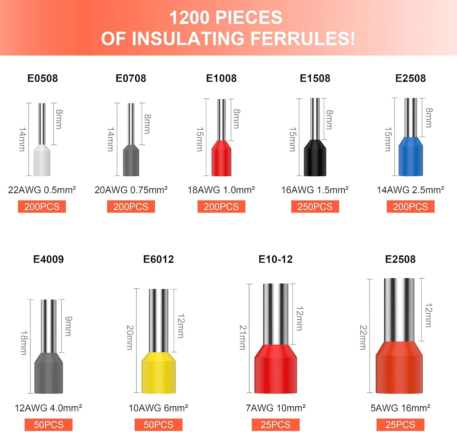 Bootlace Ferrule Crimping Tool, Preciva 0.08-16Mm&sup2;/Awg 28-5 Ferrule Crimper-Tool with 1200Pcs Ferrules, Self-Adjsutable Ratchet Wire Crimping-Tool,Wire Terminal Device Set image number 5