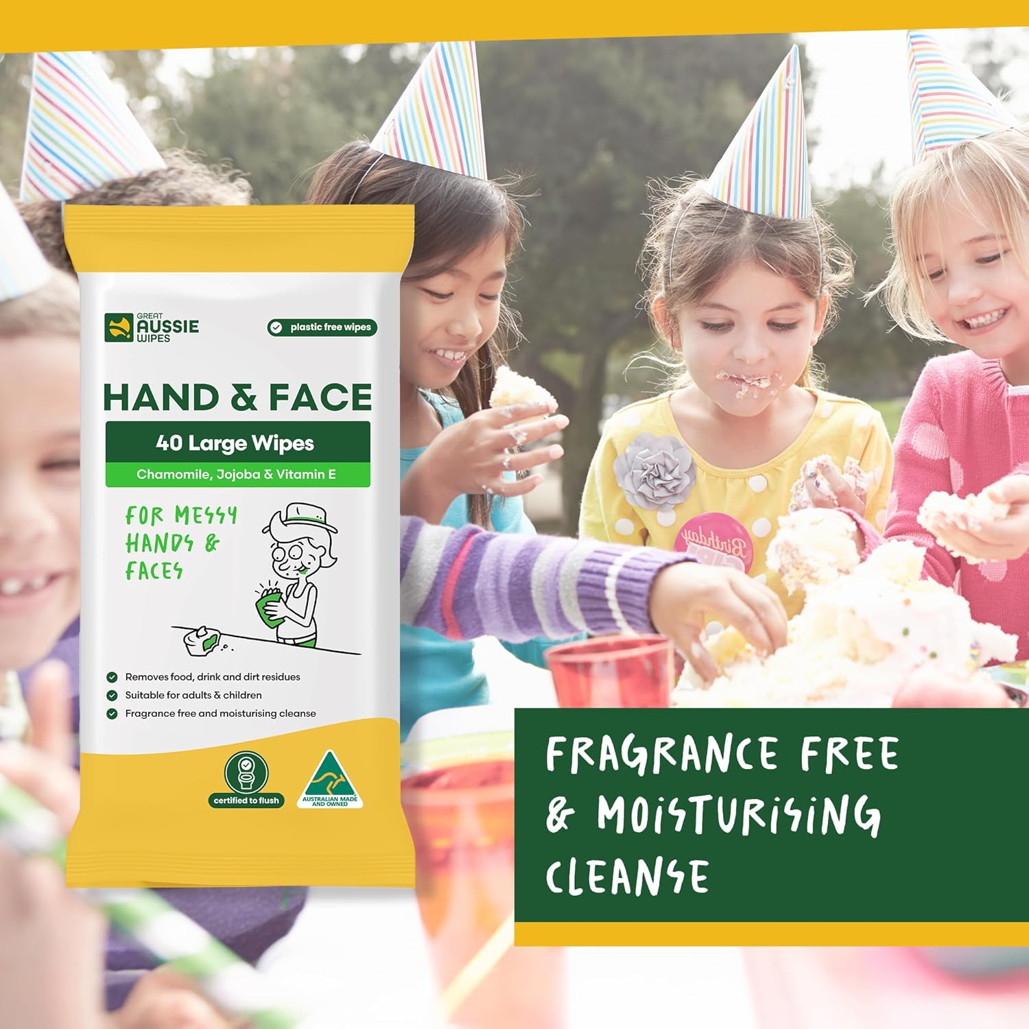 Great Aussie Wipes Wet Wipes for Hands | Travel Hand Wipes & Travel Face Wipes | Hand and Face Wipes for Kids & Adults | Fragrance Free, Moisturising, Hypoallergenic, Flushable (40 Wipes) (Pack of 2)