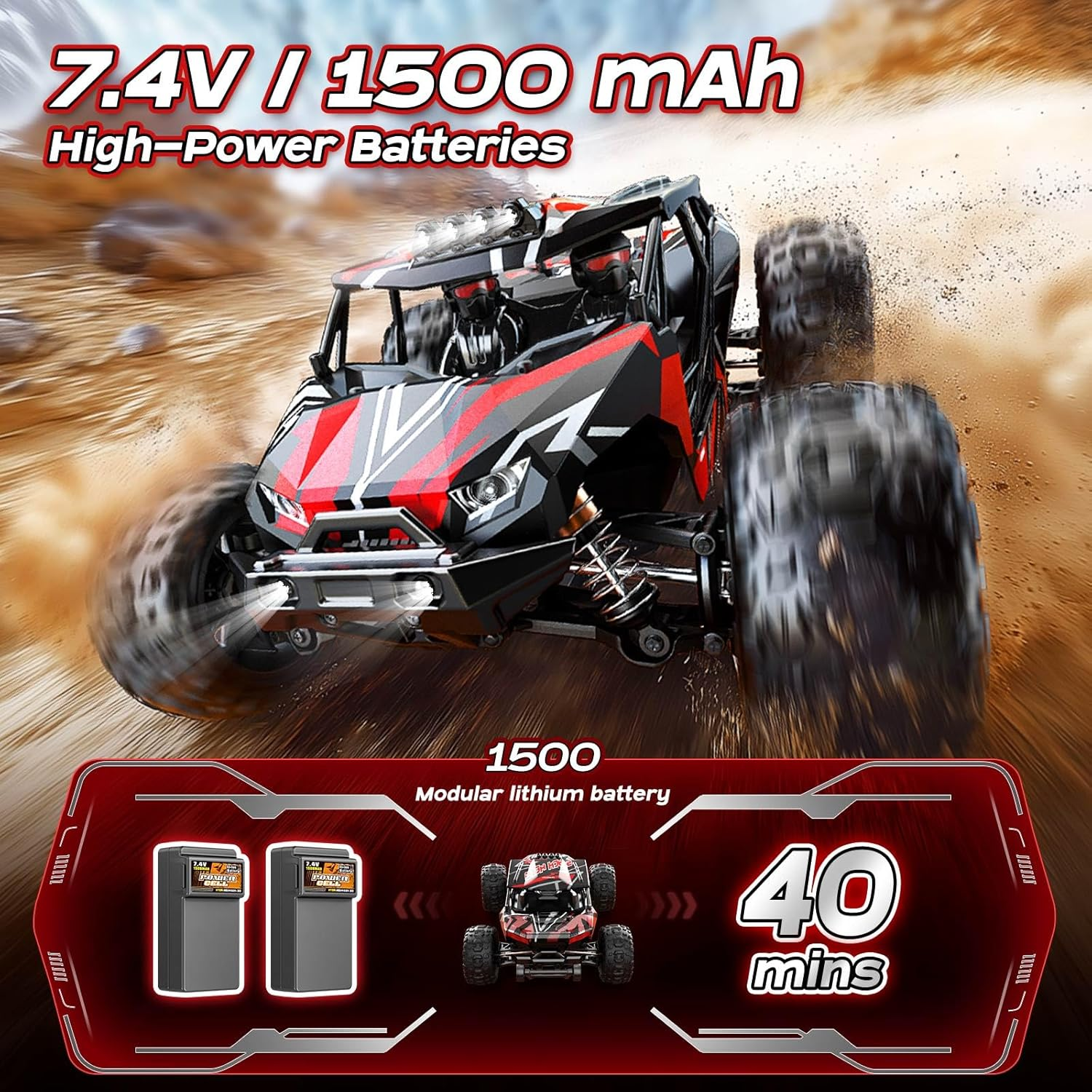 1/14 Brushless RC Car for Adults and Boys, Full Roll-Cage Frame, 4WD High-Speed 50 Km/H, All-Terrain Remote Control RC Truck with Two 2S 1500 Mah Lipo Batteries, Compatible with 3S Lipo image number 3