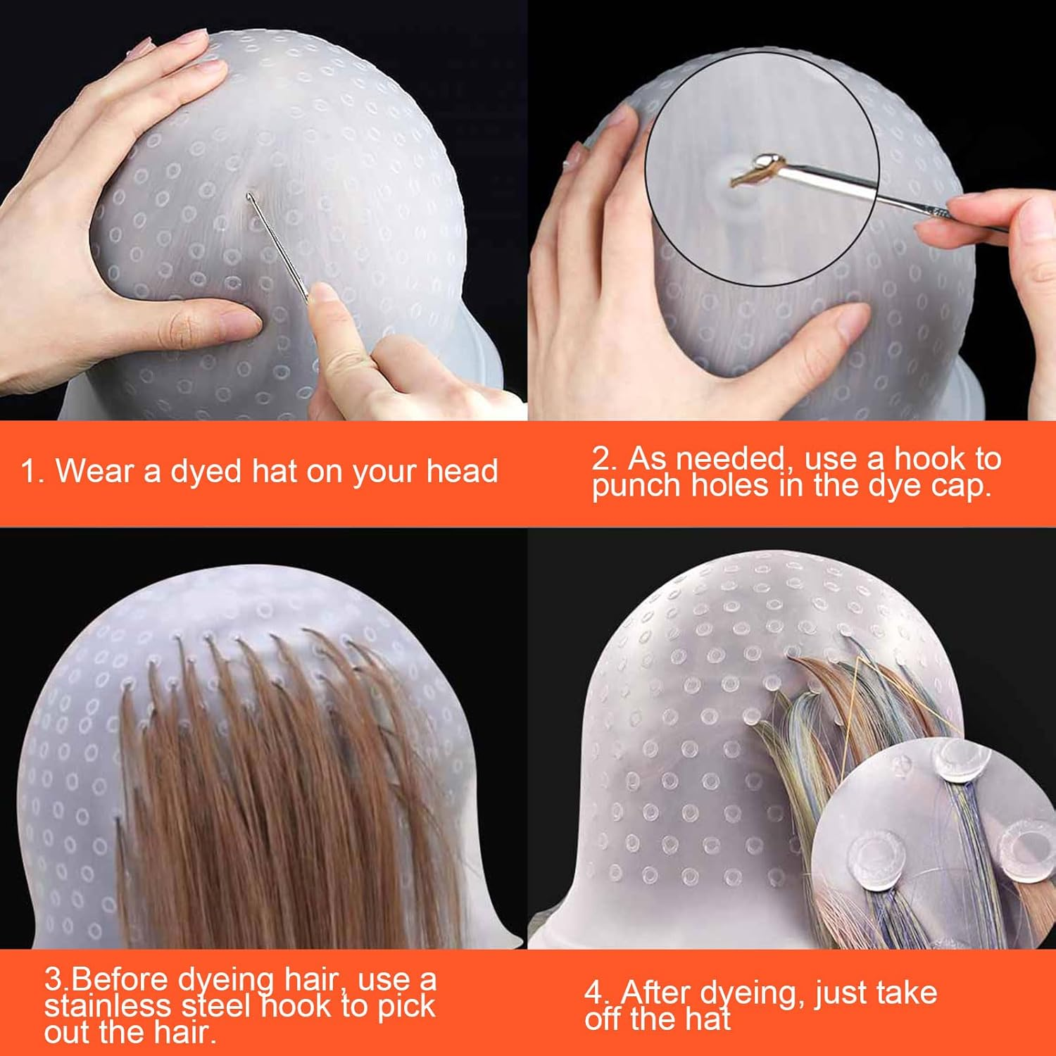 UILYNIU 4 Pieces Silicone Highlight Cap Highlight Hair Cap, Hair Colouring Highlighting Cap, Highlight Cap with Holes Hood 2 Hooks Needle, Colouring Hair Hairdressing Tool for Girls (White) image number 2