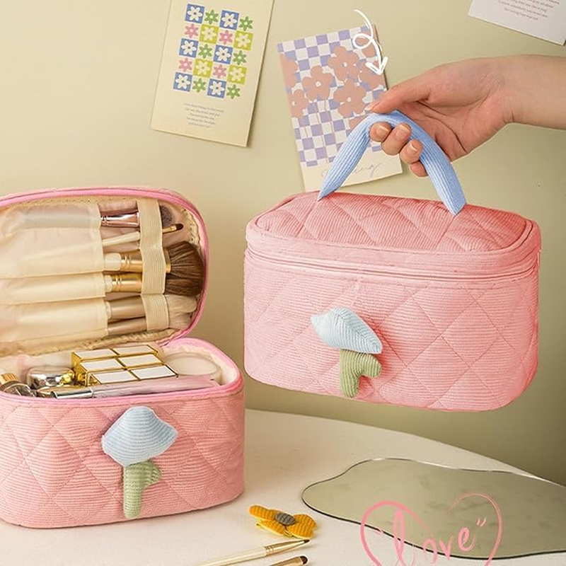 Flower Cosmetic Bag, Kawaii Makeup Bag, Makeup Bag with Floral Pattern, Large Make up Bag Women, Made of Soft Cotton Material, Make up Bag, Cute Beauty Cosmetic Bag for Women and Girls, Pink image number 5