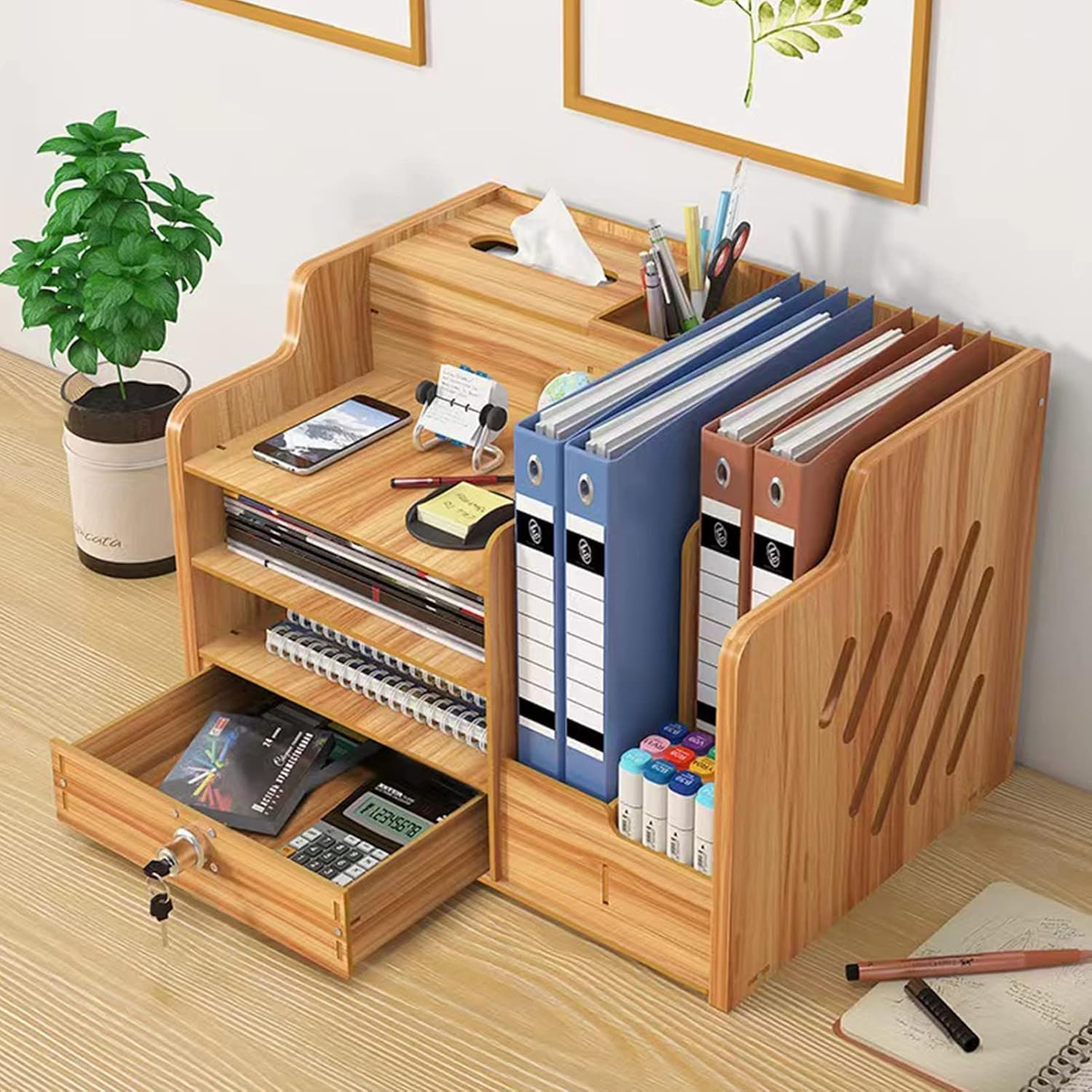 Bamboo Desk Organizer, Desktop Wood Bookshelf File Organizer, Pen Holder and Tissue Holder, 1 Drawer with Lock for Office, Home, Need to Install (Wood Color) - Wood Color image number 2