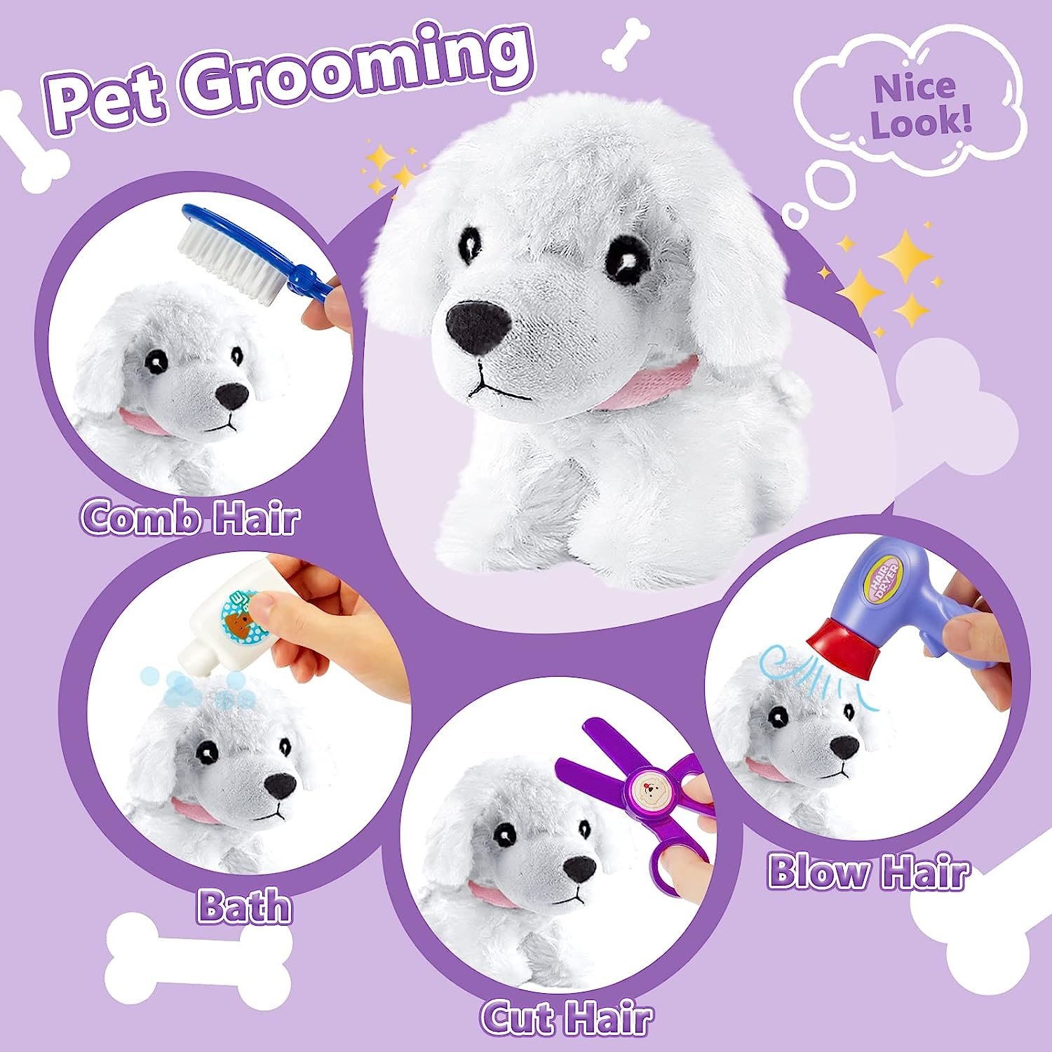 HERSITY Kids Vet Kit Dog Grooming Toy Pet Care Role Play Games Animal Dolls Pretend Play Pet Carrier Set Toys 3 4 5 Year Old Girls Boys Children Gifts image number 4