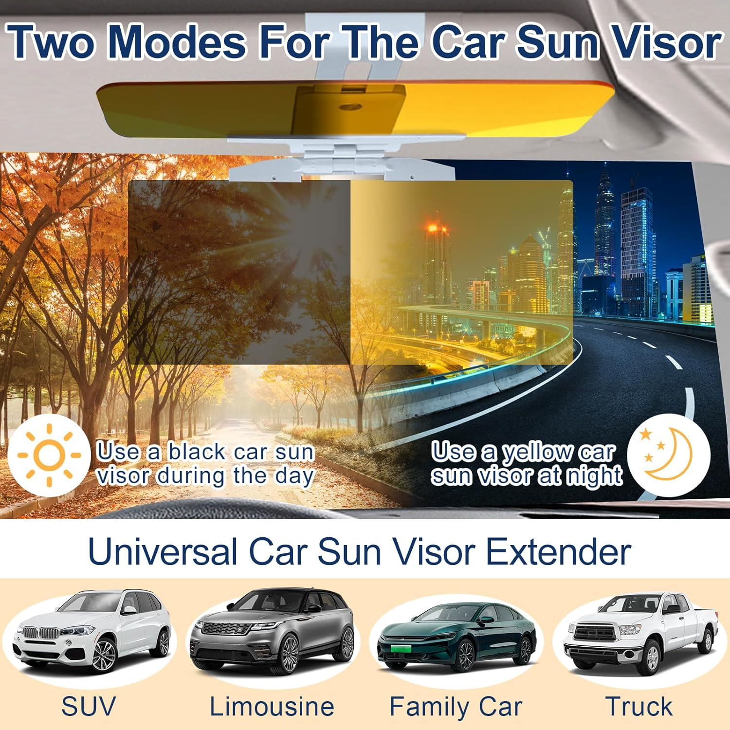 Car Window Sunshade, Upgrade Anti-Glare Polarized Day & Night Vision Sun Visor Protector Extender, 2-In-1 Universal Car Anti-Dazzle Sun Blocker from Glare/Uv Ray/Stray Light