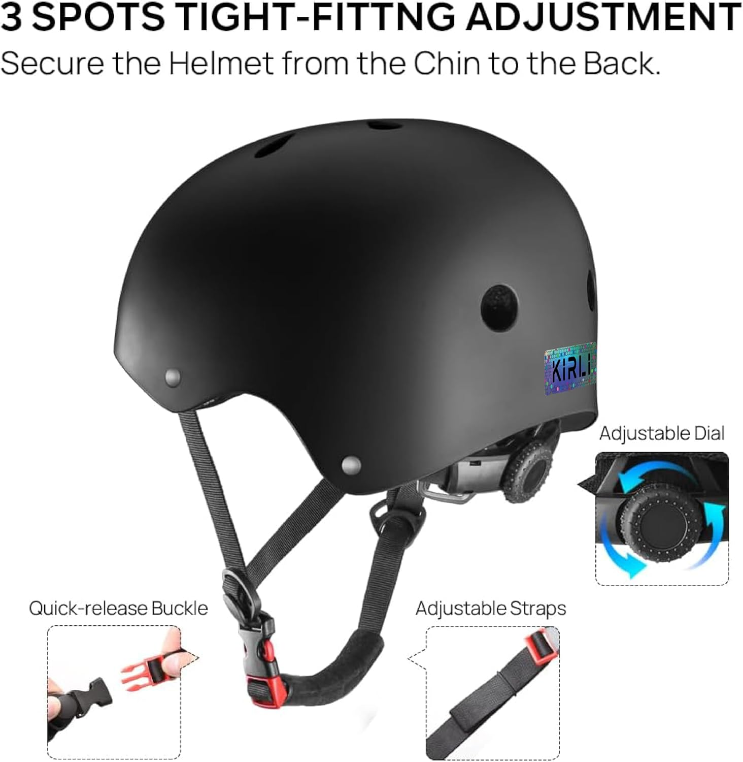 KIRLI Skateboard Helmet - Lightweight, Adjustable & Ventilated Helmet for Scooter, Roller Skate, Inline Skate image number 3