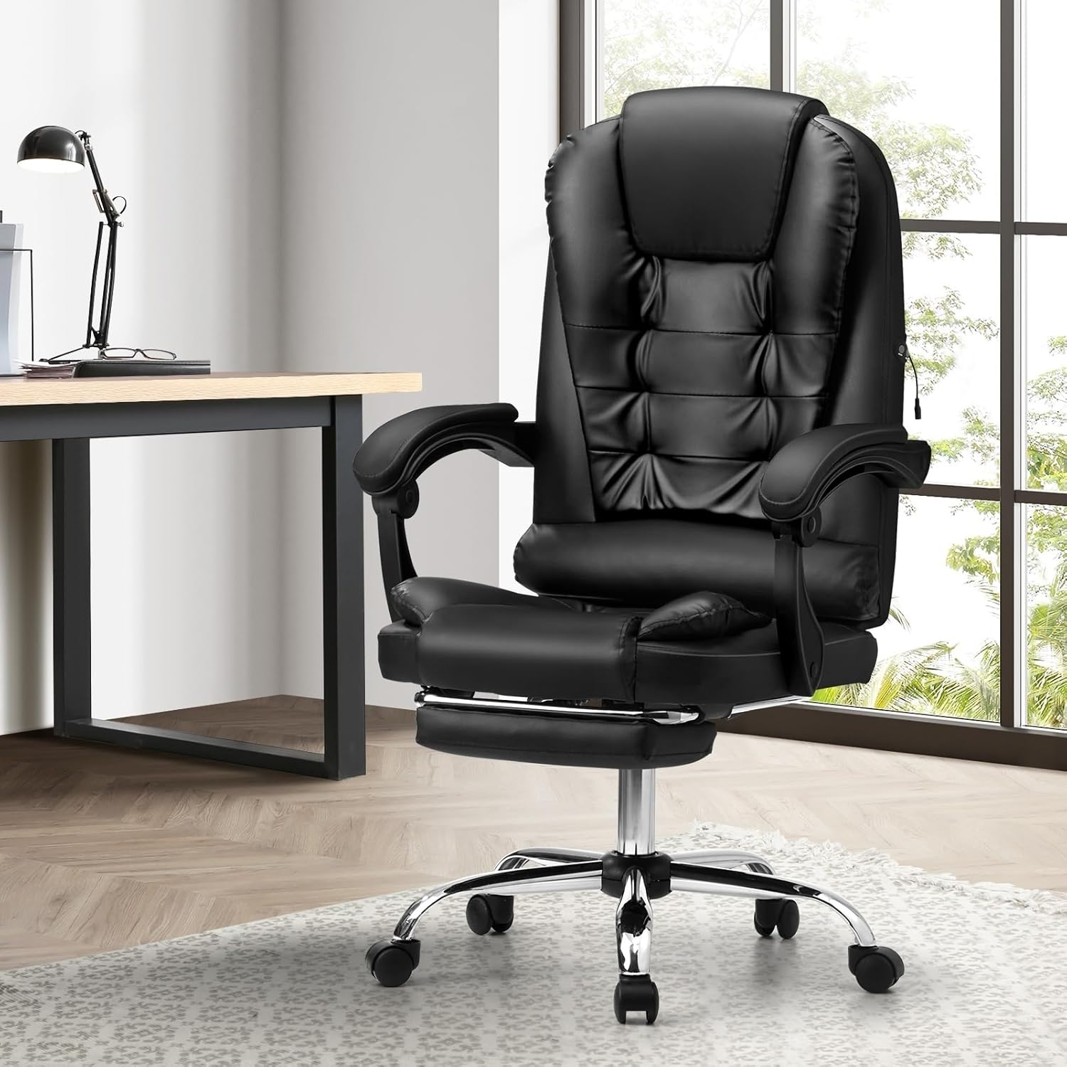 Oikiture Office Desk Chair with Pu Leather Cover and 90-150 Degrees Reclining Ergonomic Message Chair Black