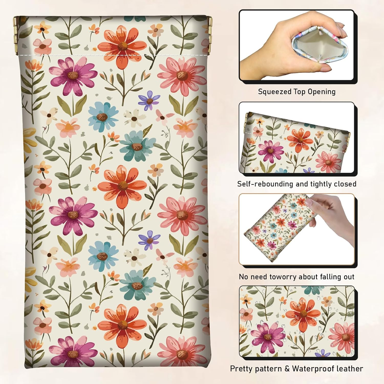 CREATCABIN 2Pcs 2 Styles Floral Eyeglasses Case Portable Sunglasses Pouch PU Leather Soft Waterproof Slim Squeeze Flower Glasses Goggles Holder Bag with 2Pcs Cloths for Travel Women Men 7.1 X 3.5