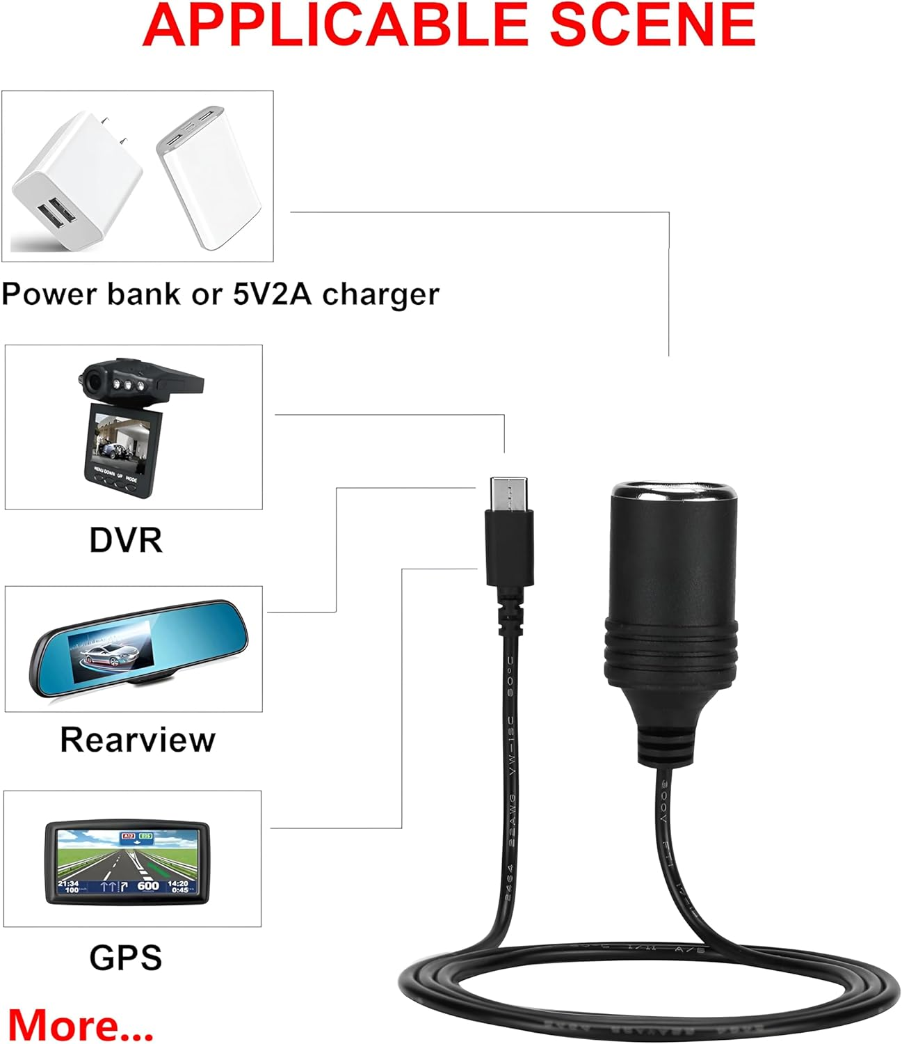 USB C PD 45W 12-15V/3A Type C Male to Cigarettes Lighter Socket Female Converter Cable 1M for GPS DVR Car Camera image number 5