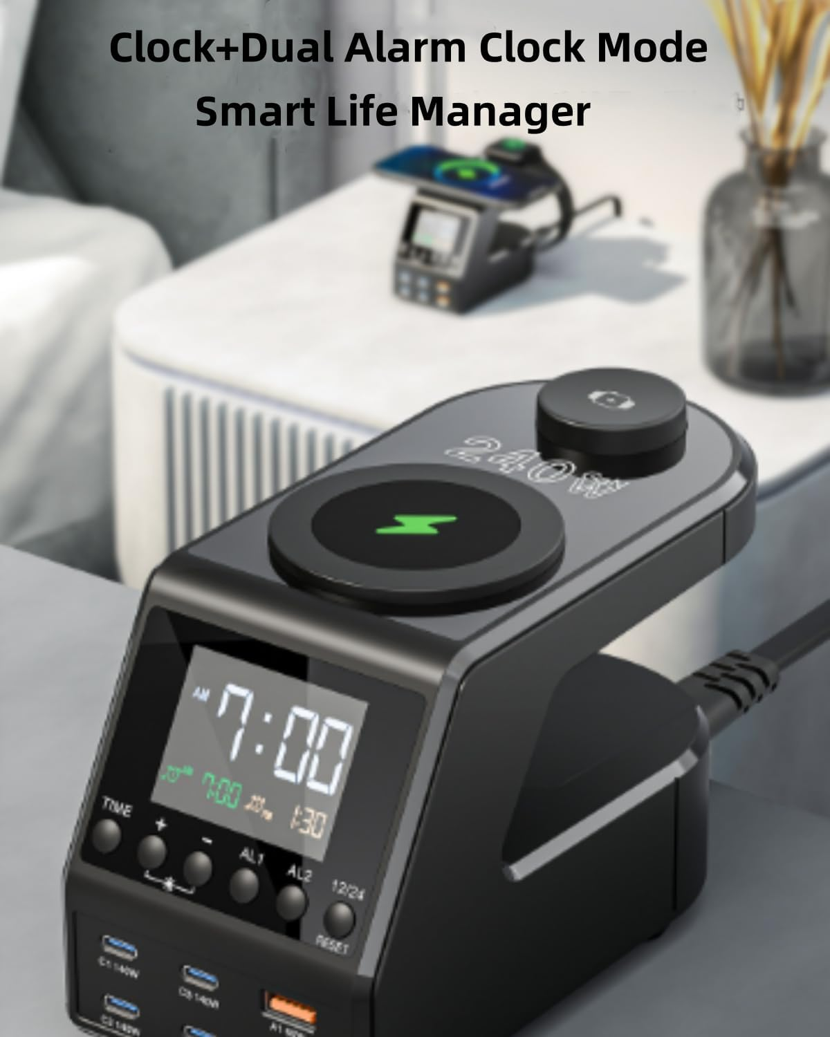 FOSION Multi USB C Charger Station 240W,10 In1 Gan Fast Charger with Digital Clock, 140W/100W/65W PD 3.1 QC 3.0 Fast Charging and 15W Wireless Charging for Macbook，Tablet, Iphone 15,Galaxy S24,Iwatch image number 5