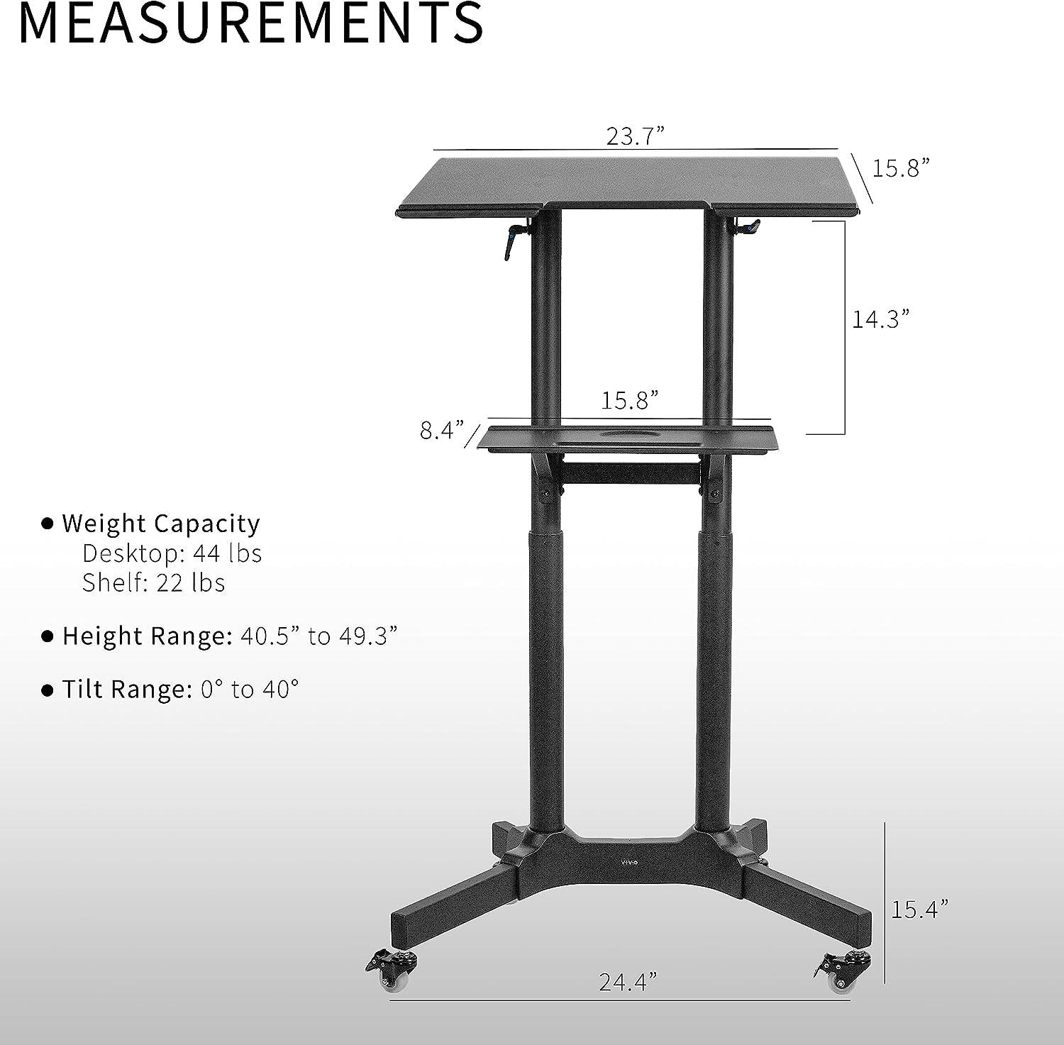 VIVO Black Steel Mobile 61Cm Height Adjustable Multi-Purpose Rolling Podium, Lectern, and Laptop Workstation Desk with Storage Tray (Cart-V03E)