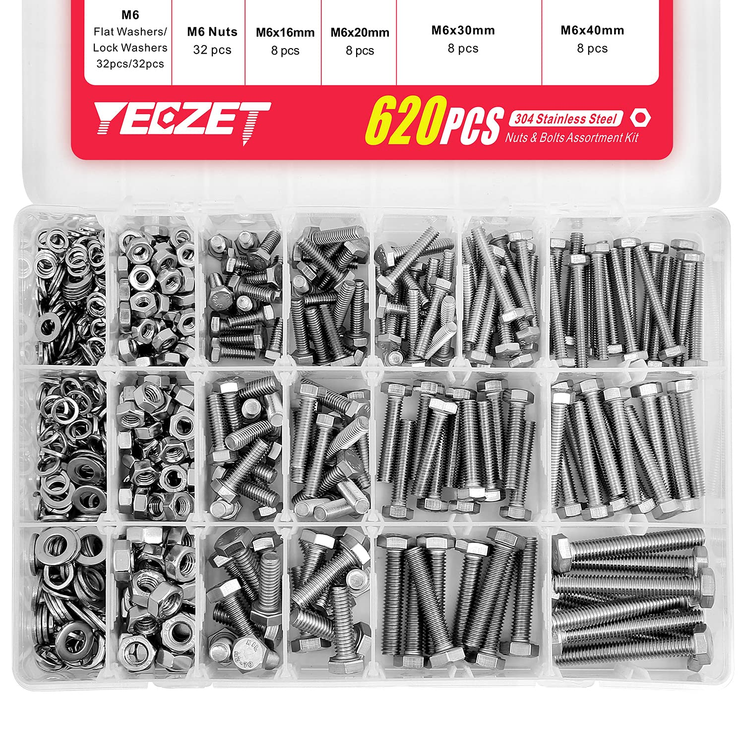 YEEZET 176PCS M6 M8 M10 Heavy Duty Bolts and Nuts Assortment Kit, 304 Stainless Steel, Includes 8 Most Common Sizes