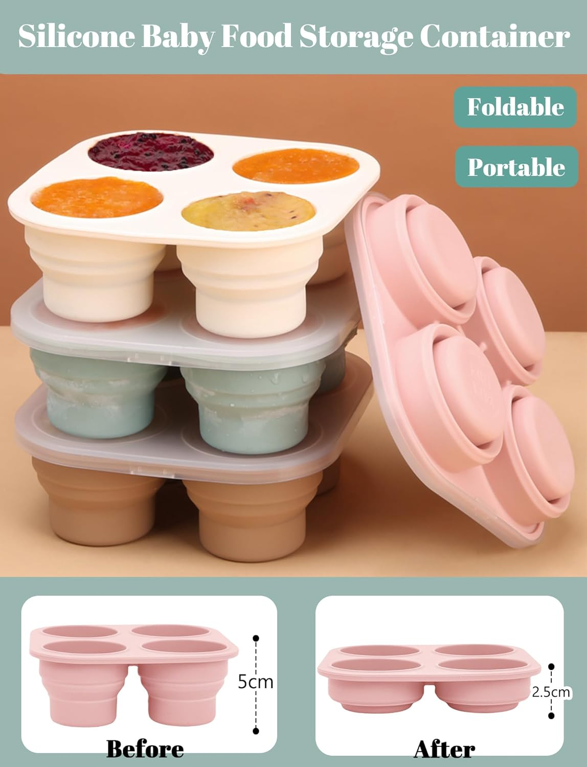 4 Portions Food Grade Silicone Baby Food Freezer Tray with Lid Freezer Storage Tray Baby Popsicle Mold for Homemade Baby Food, Vegetable & Fruit Purees, and Breast Milk Pink image number 2