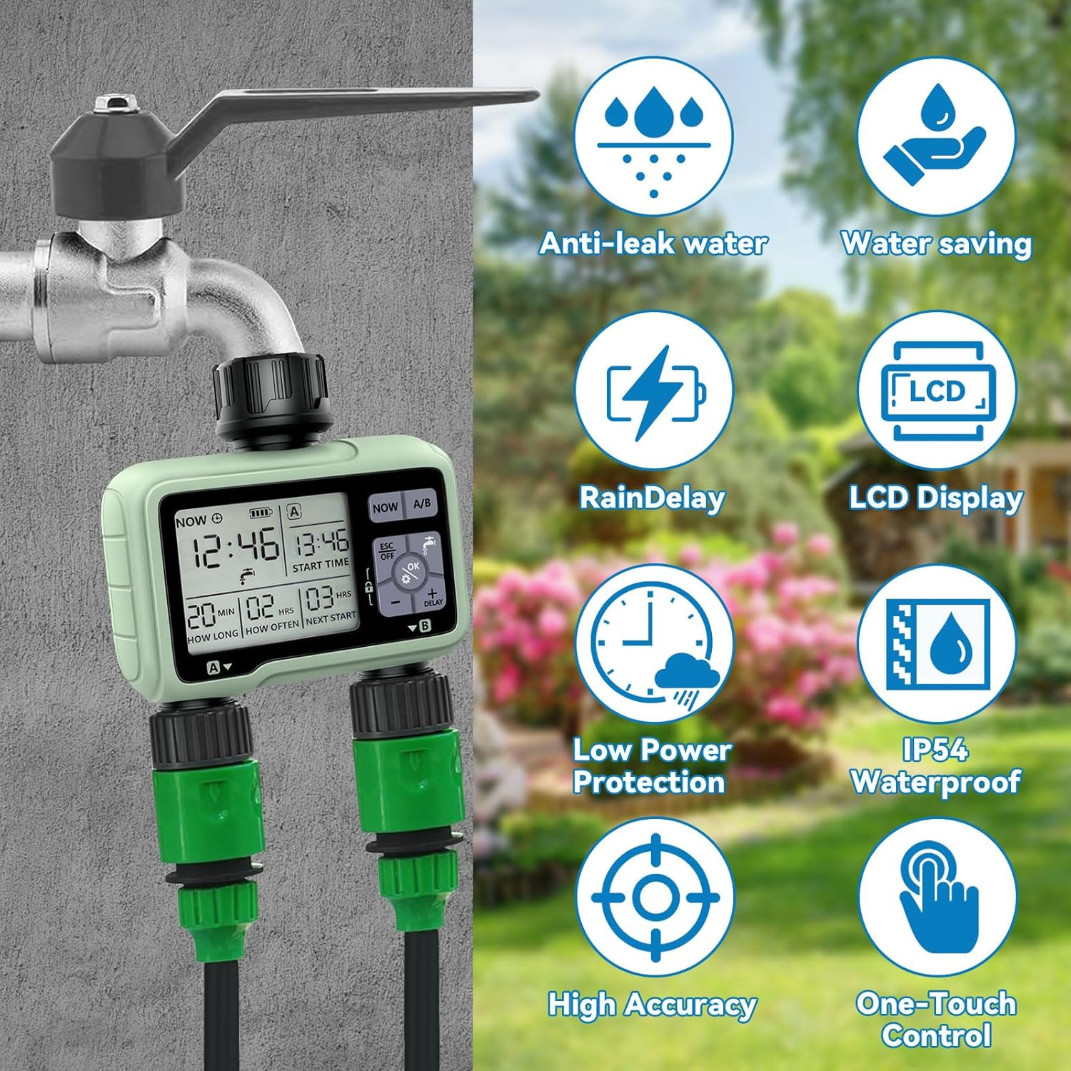 Water Timer for Garden Hose Timers for Watering &ndash; Dual-Outlet Smart Sprinkler Timer, Automatic & Manual Watering Modes, Programmable Digital Irrigation Controller for Lawns, Yards, and Greenhouses