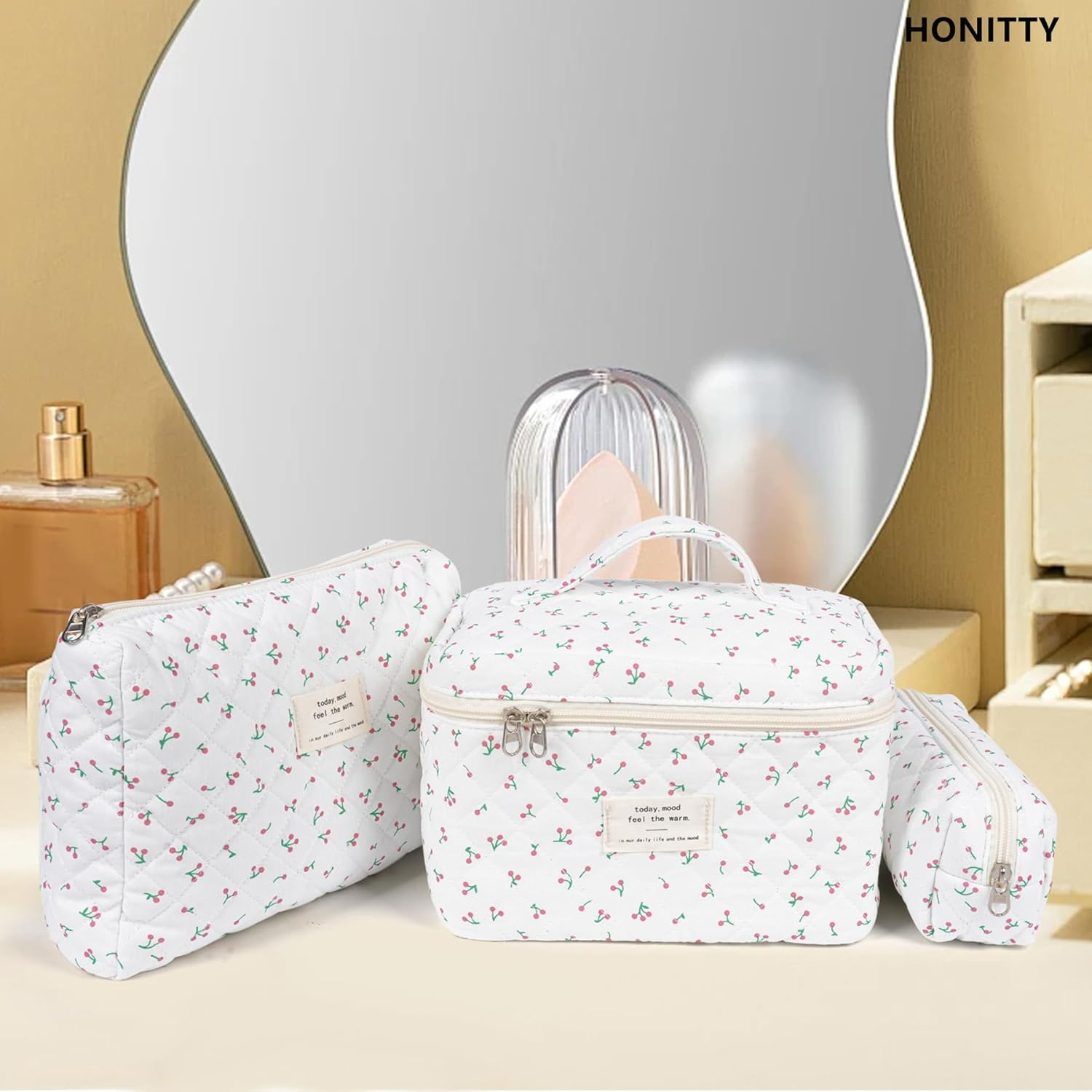 Makeup Bag, Quilted Makeup Bag,Large Floral Cosmetic Bag for Women,Cotton Makeup Bag Set,Flower Travel Toiletry Bag., Cherry, 3PCS - 1Pcs-Blue image number 4