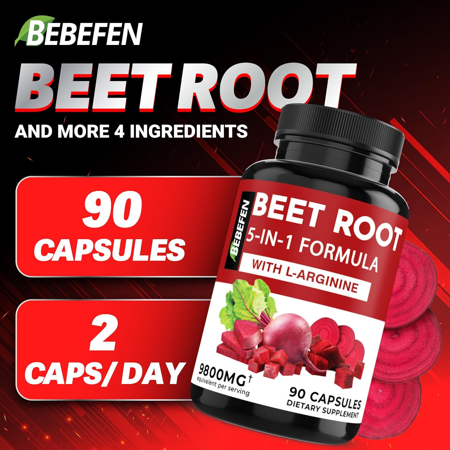 Beet Root Capsules with L-Arginine | Grape Seed | Moringa | and Ginger - 5In1 Beet Supplement - Equivalent 9800Mg per Serving - 90 Capsules