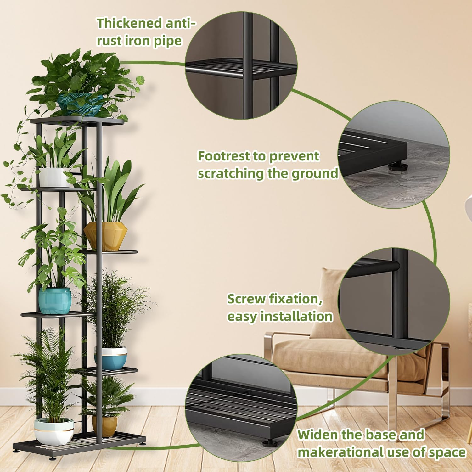 Uandhome 6 Tier Plant Stand,Metal 7 Potted Multiple Flower Pot Holder Shelf,Planter Display Shelving Unit for Indoor Outdoor Patio Garden Corner Balcony Living Room (6 Tier 7 Potted) image number 4