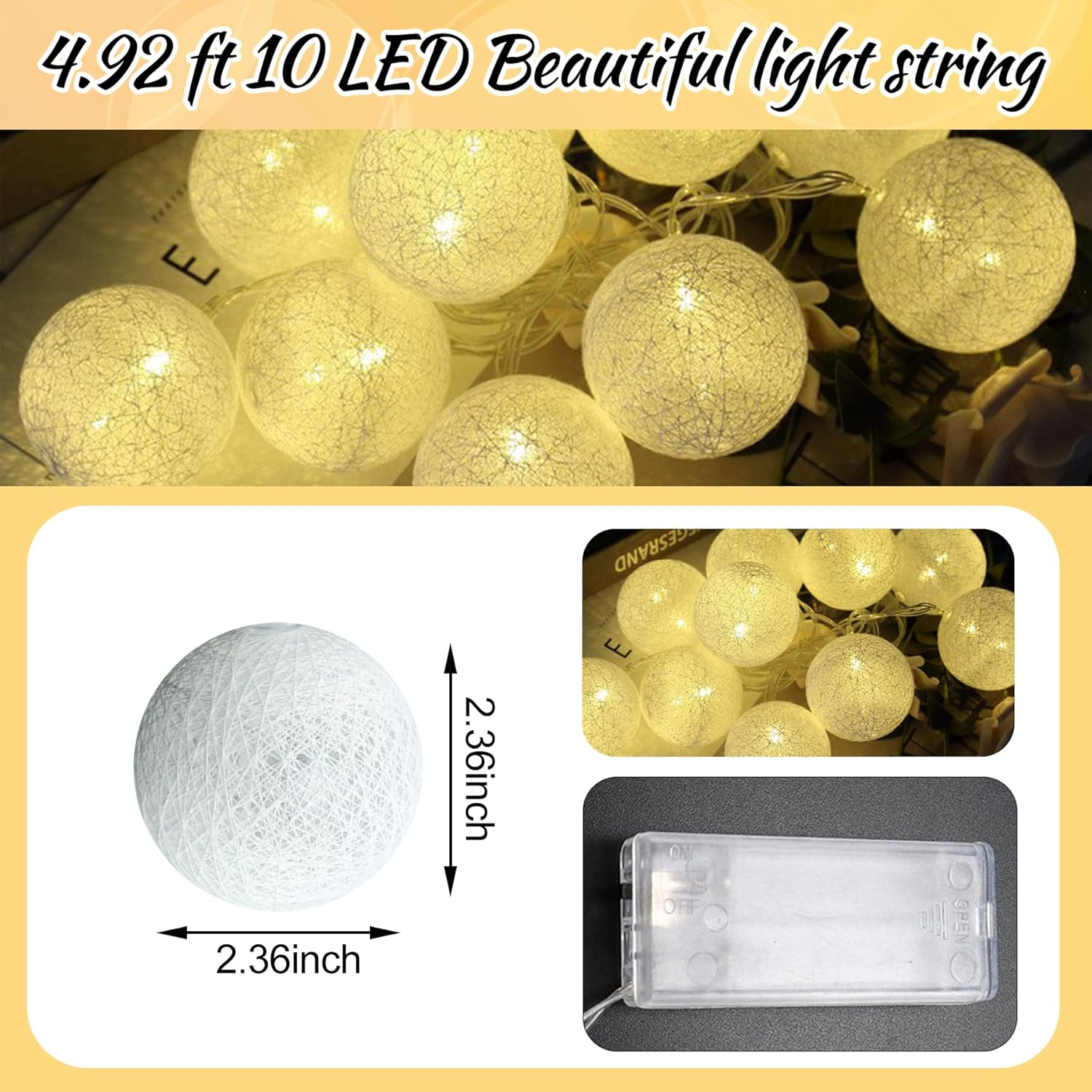 LED Fairy Lights Cotton Balls, 1.5 M 10 LED Balls Fairy Lights, Battery Operated, Cotton Ball Fairy Lights for Christmas, Wedding, Children'S Room, Party Decoration image number 6