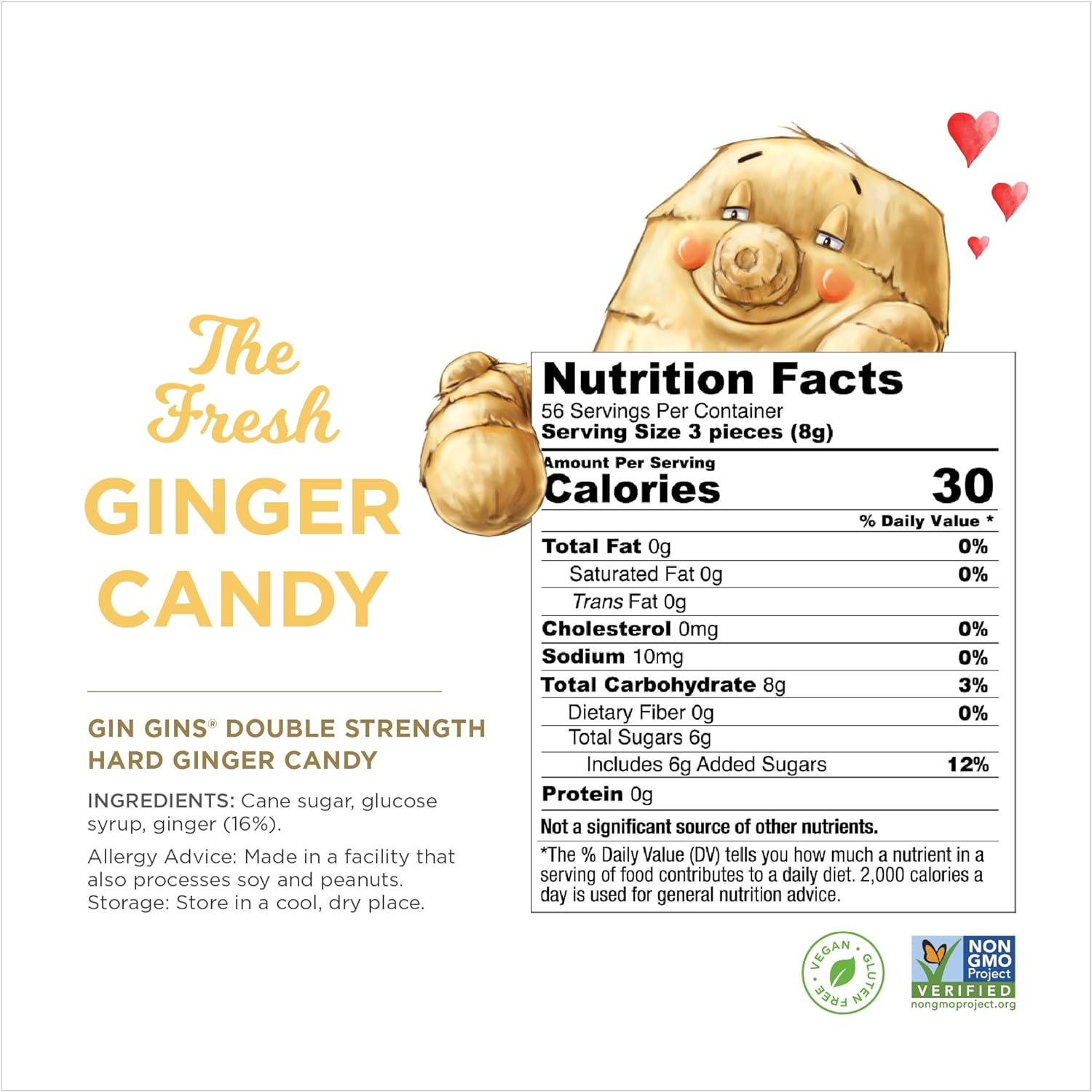 GIN GINS Double Strength Ginger Hard Candy &ndash; Natural Ginger Candy by the Ginger People &ndash; Individually Wrapped Healthy Candy &ndash; Double Strength Flavor &ndash; Large 1 Lb Bag (16Oz) &ndash; Pack of 1 image number 1