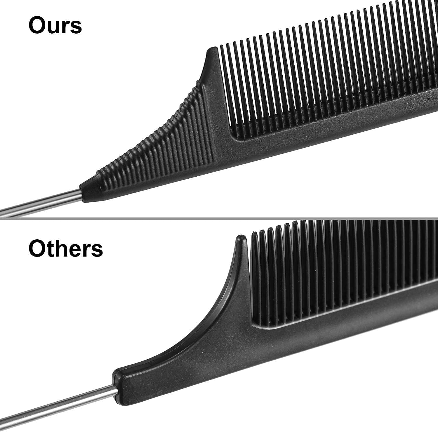 Rat Tail Combs with Heat Resistant Carbon Fiber Fine Tooth and Stainless Steel Handle Pin Design for Pintail Hair Parting Teasing image number 1