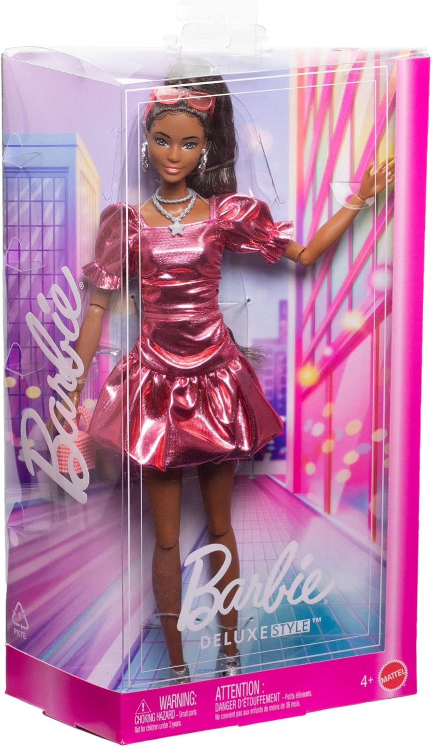 Barbie Deluxe Style Doll #6 in Metallic Coral Pink Dress with Bubble Hem, Black Hair in Ponytail, Accessories like Sunglasses, Jewelry and Handbag