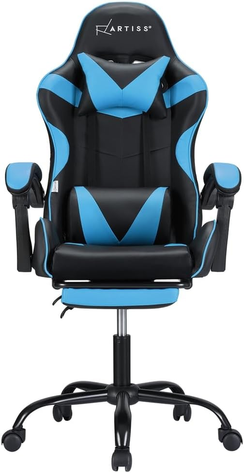 Artiss Massage Gaming Chair, PU Leather 2 Point Ergonomic Office Computer Desk Recliner Chairs Armchair for Room Executive Home, with Retracted Padded Footrest 360&deg; Rotatable Height Adjustment Blue - Blue image number 3