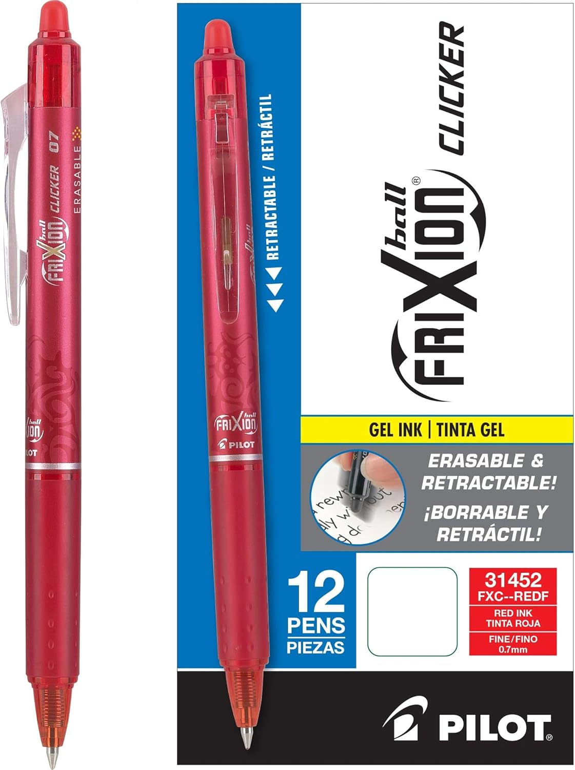 PILOT Frixion Clicker Erasable, Refillable & Retractable Gel Ink Pens, Fine Point, Red Ink, 2-Pack (31462)