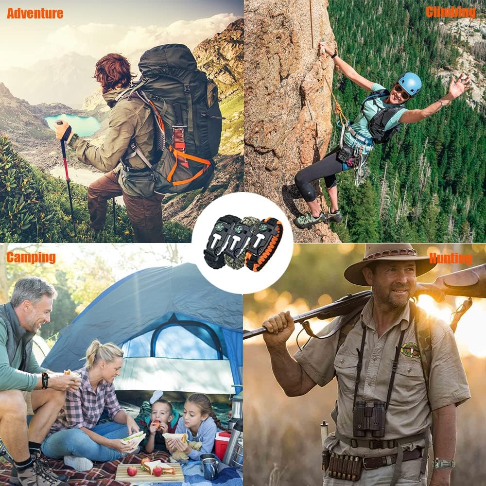 DIHAIMI Paracord Survival Bracelet (3 Pieces), Practical Five Functions, Fire Starter, Loud Whistle, Reliable Compass, Rope Cutter, Reliable Paracord, Black & Camo & Orange+Black, 9 Inches, Nylon image number 3