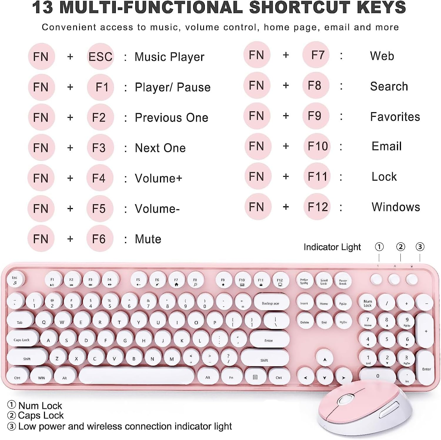 Youker Wireless Keyboard and Mouse Combo USB Wireless Retro Keyboard with round Keycaps 2.4Ghz Dropout-Free Connection Keyboard and Mice for Mac Windows 7/8/10/11 Laptop Desktop image number 5