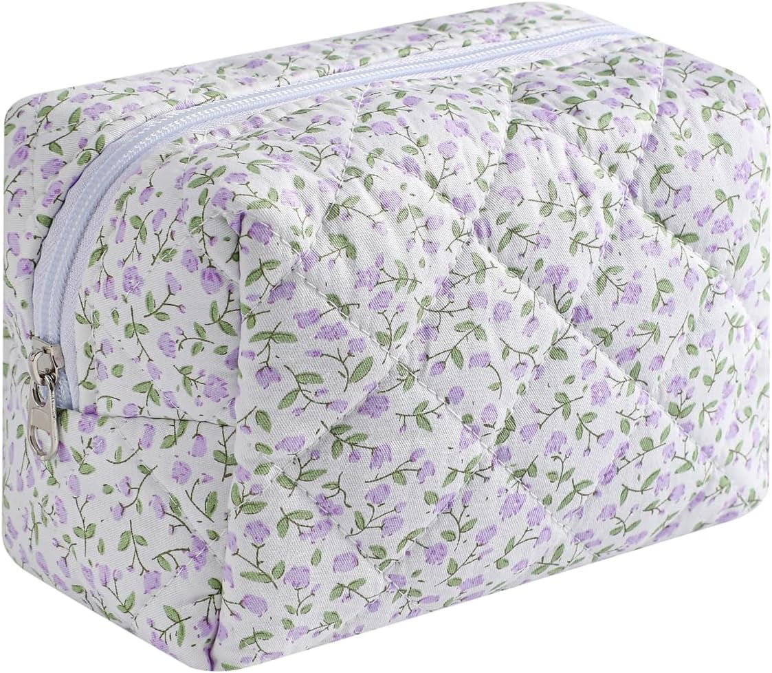Cute Small Makeup Bag,Quilted Floral Cotton Cosmetic Pencil Pouch, Quilted Flowers Pencil Case with Zipper, Kawaii Travel Toiletry Bags for Purse, 12White Bear