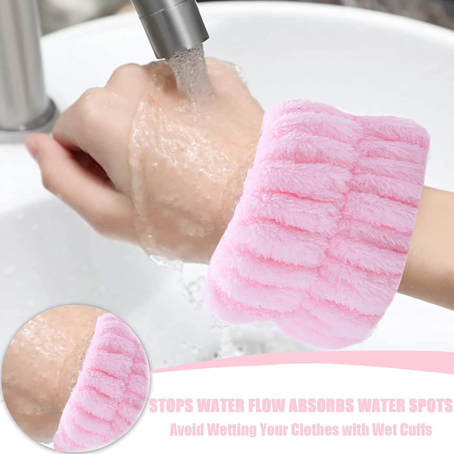3 Piece Spa Headband Wrist Wash Band Set, Makeup Headband and Bracelet for Face Washing, Skin Care, Microfibre Wrist Towel Band, Hair Bands, Hair Accessories for Women, Girls (Pink) - Pink image number 4