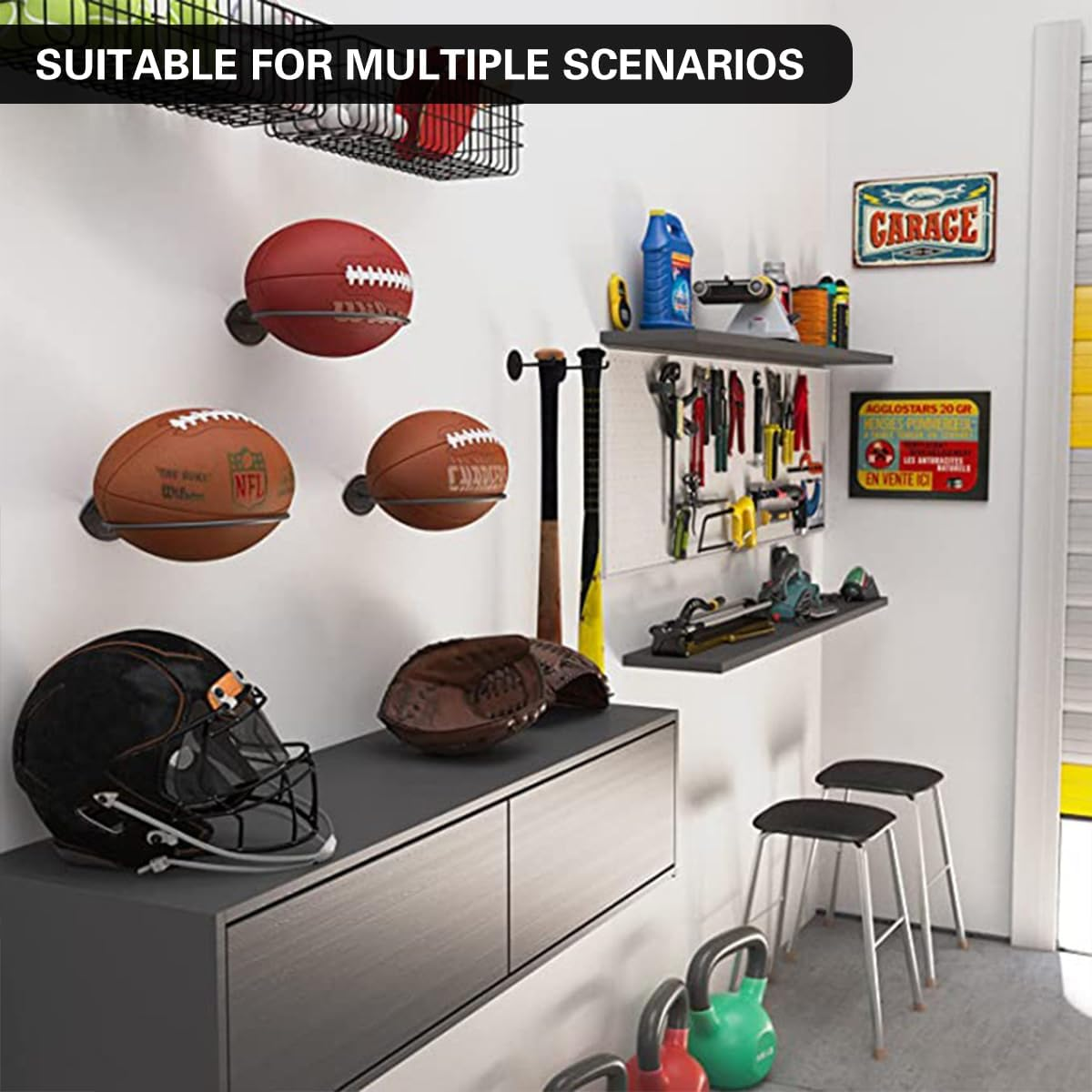 AIMALL 2-Piece Black Iron Wall-Mounted Rugby Rack, 10.5&times;6.6In Space Saving Wall Mounted Rugby Holder &ndash; Heavy-Duty Sports Equipment Organizer for Garage & Game Room