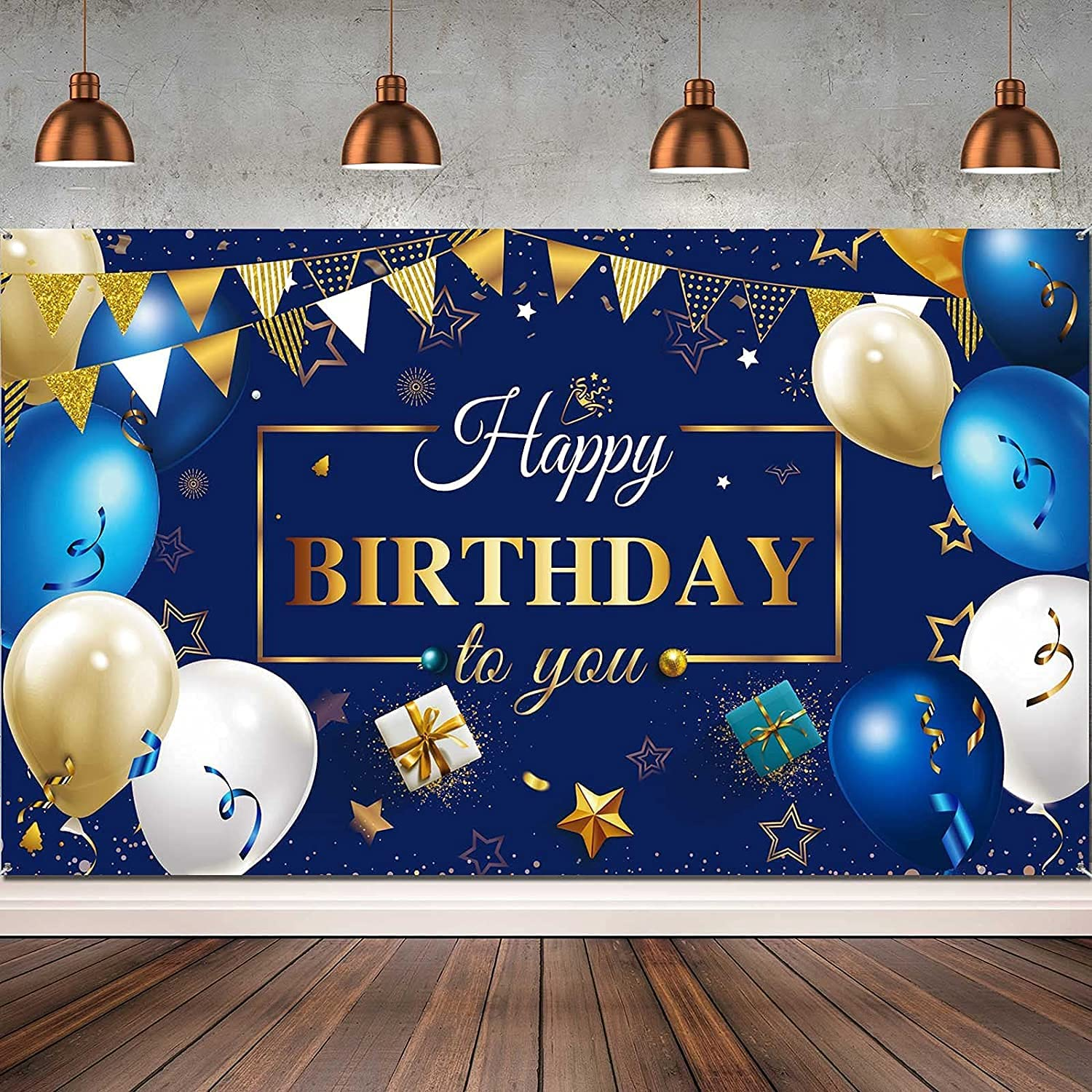 Happy Birthday Decorations Banner - Navy Blue and Gold Sign for Party Supplies, Photo Backdrop Background for Children, Men, Women Celebration, 72.8 X 43.3 Inch image number 6
