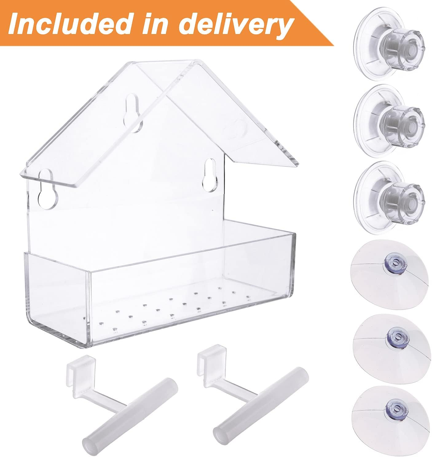 Extra Strong Suction Sups Window Bird Feeder with Drainage Holes. Windowsill Birdfeeders for Small Birds Only. LIANGPIN Acrylic Clear House Shape Design image number 1