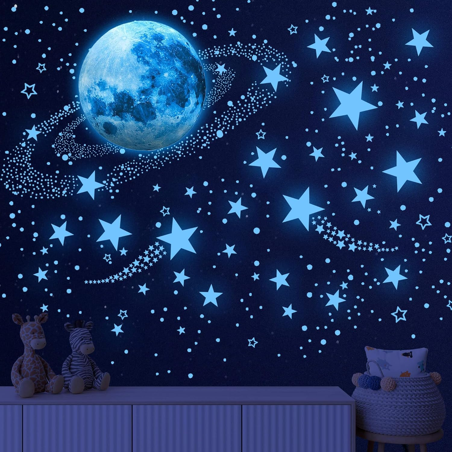 1108 Pcs Classic Glow in the Dark Stars & Moon Wall Decals, Vinyl, Blue, Star & Dot Pattern, Indoor, Kids Boys Bedroom Living Room Decor image number 4
